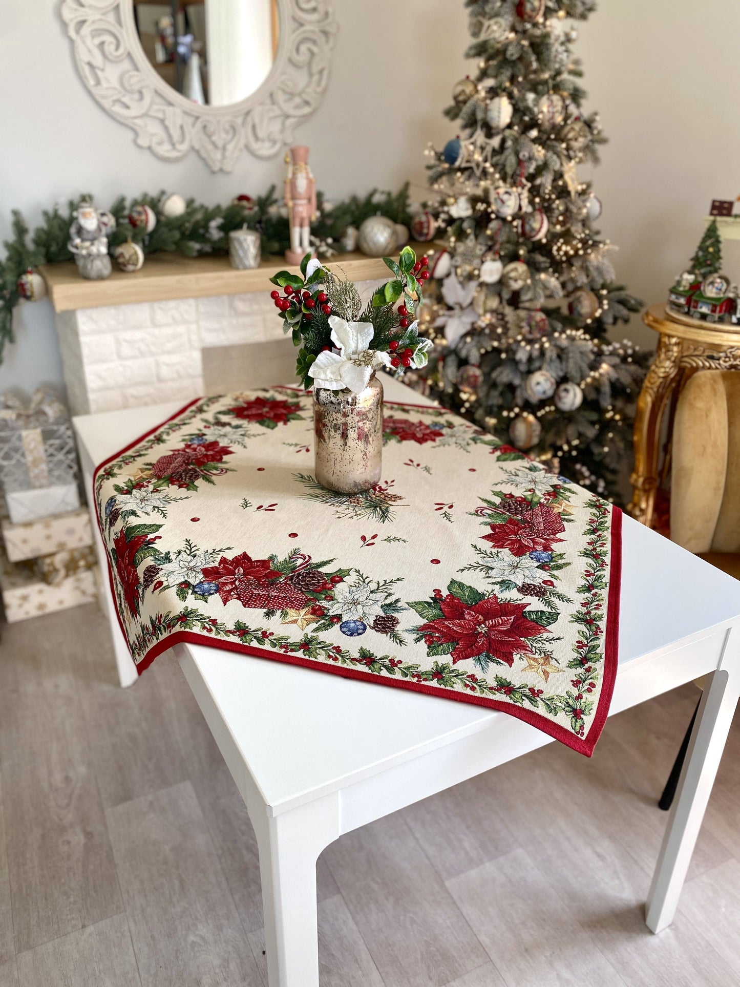 Christmas Tablecloth «Red Poinsettia» with Golden Lurex - Luxury Tapestry