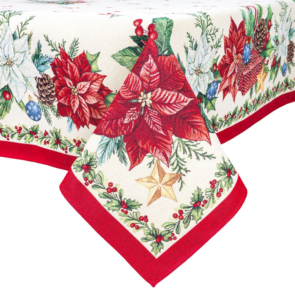Christmas Tablecloth «Red Poinsettia» with Golden Lurex - Luxury Tapestry