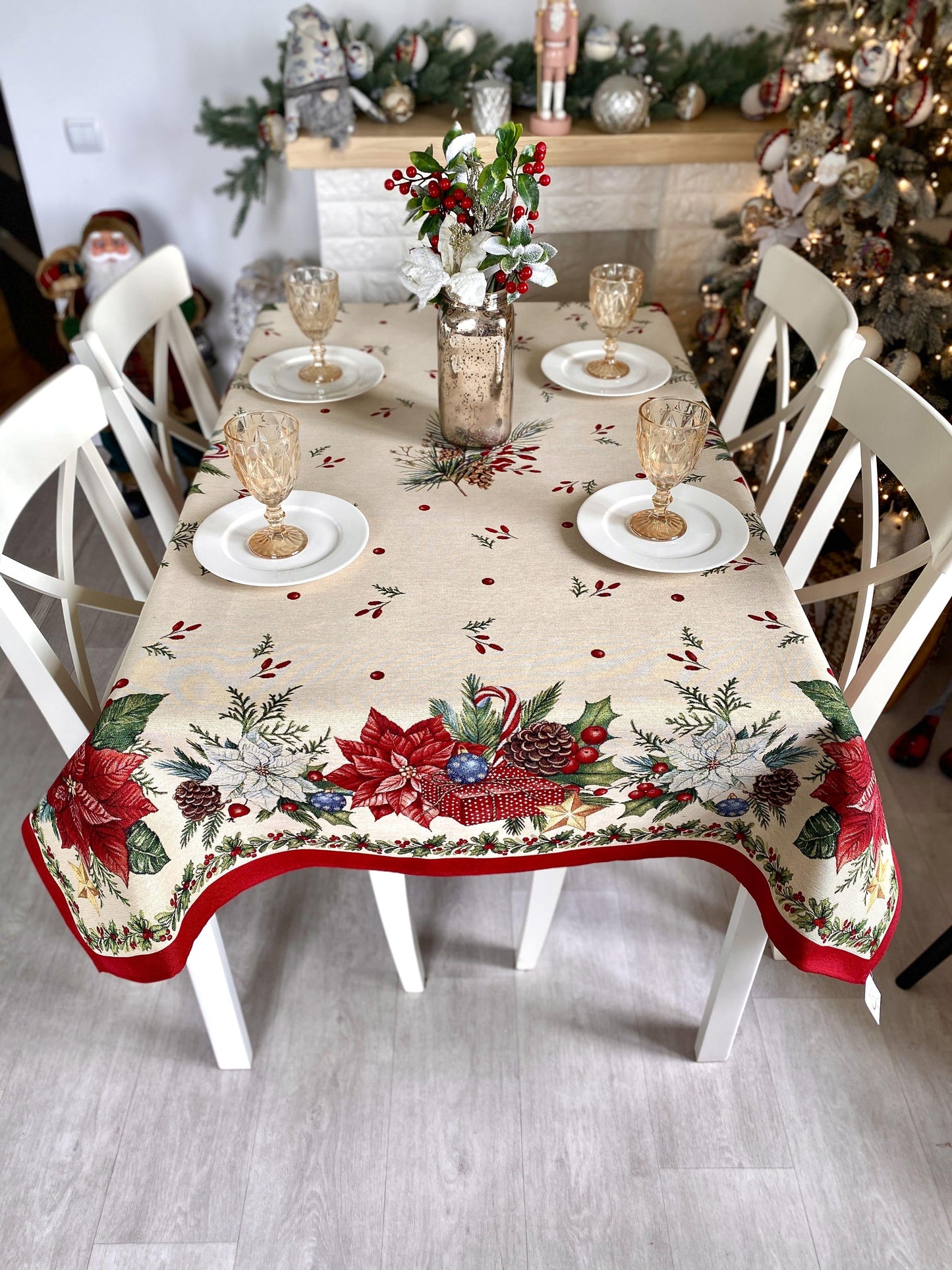 Christmas Tablecloth «Red Poinsettia» with Golden Lurex - Luxury Tapestry