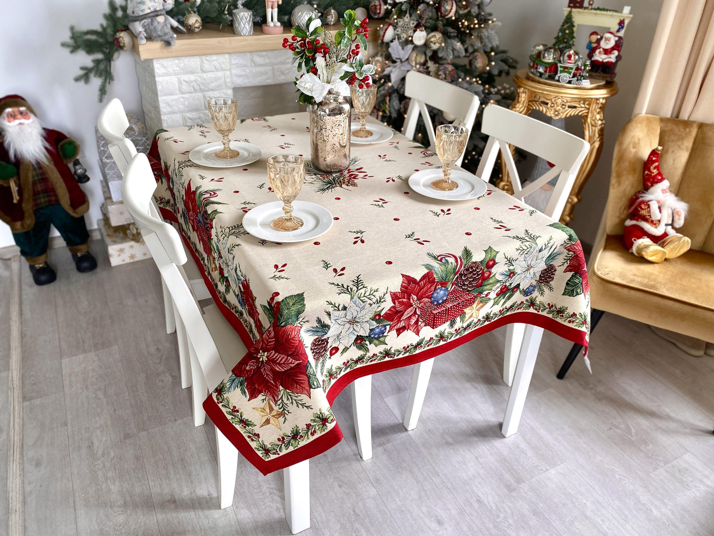Christmas Tablecloth «Red Poinsettia» with Golden Lurex - Luxury Tapestry