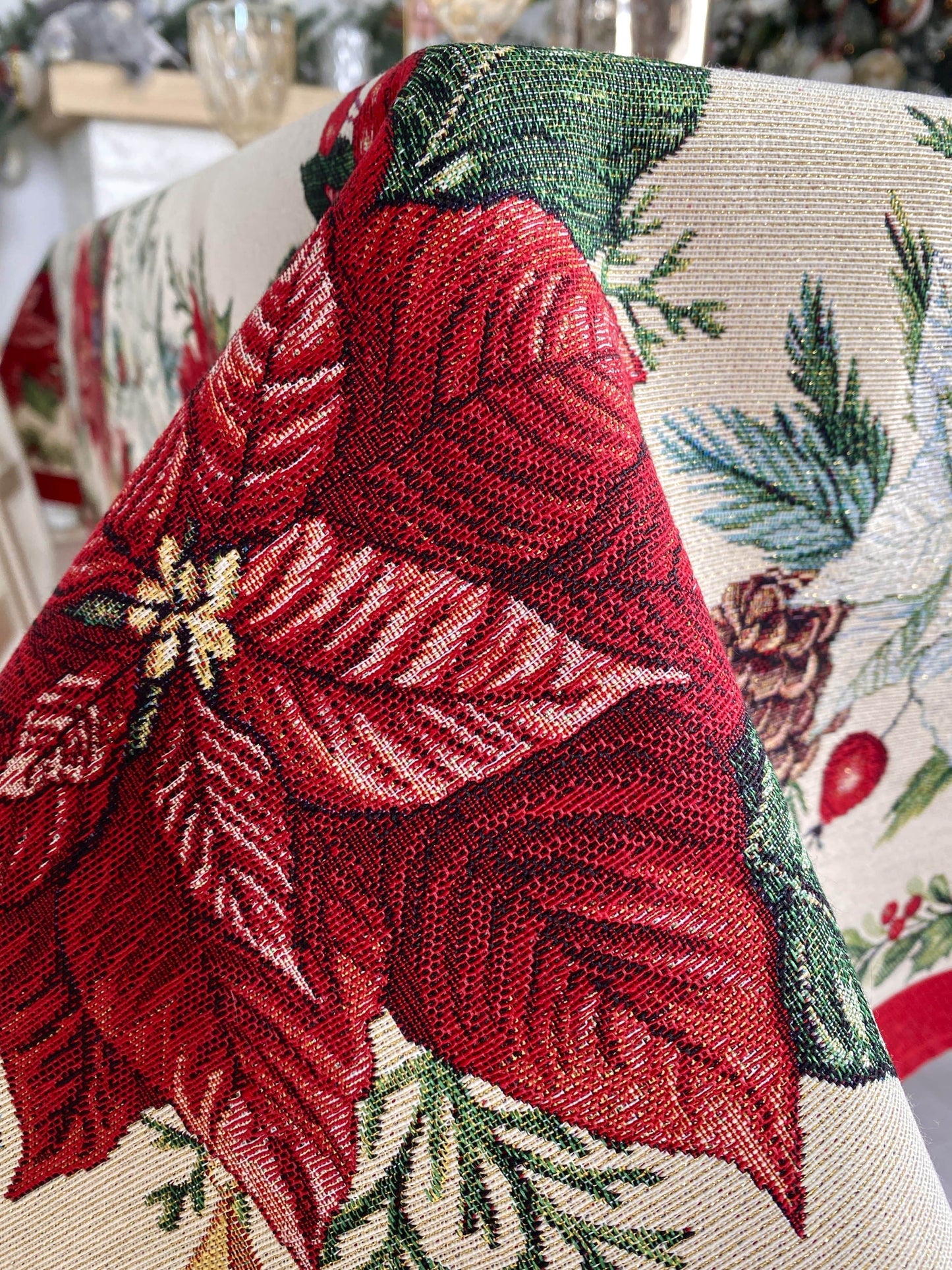 Christmas Tablecloth «Red Poinsettia» with Golden Lurex - Luxury Tapestry