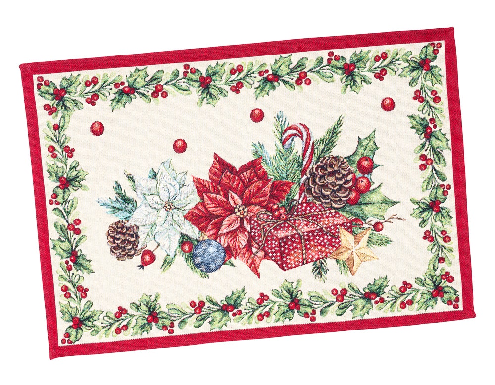 Christmas Placemat set «Red Poinsettia» with Golden Lurex - Luxury Tapestry