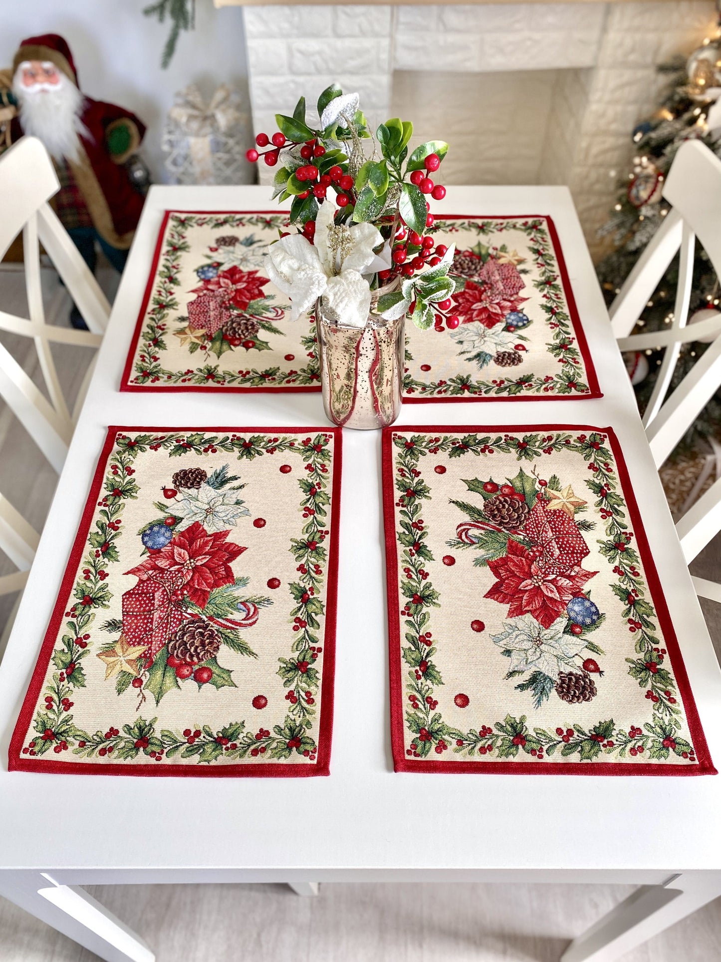 Christmas Placemat set «Red Poinsettia» with Golden Lurex - Luxury Tapestry