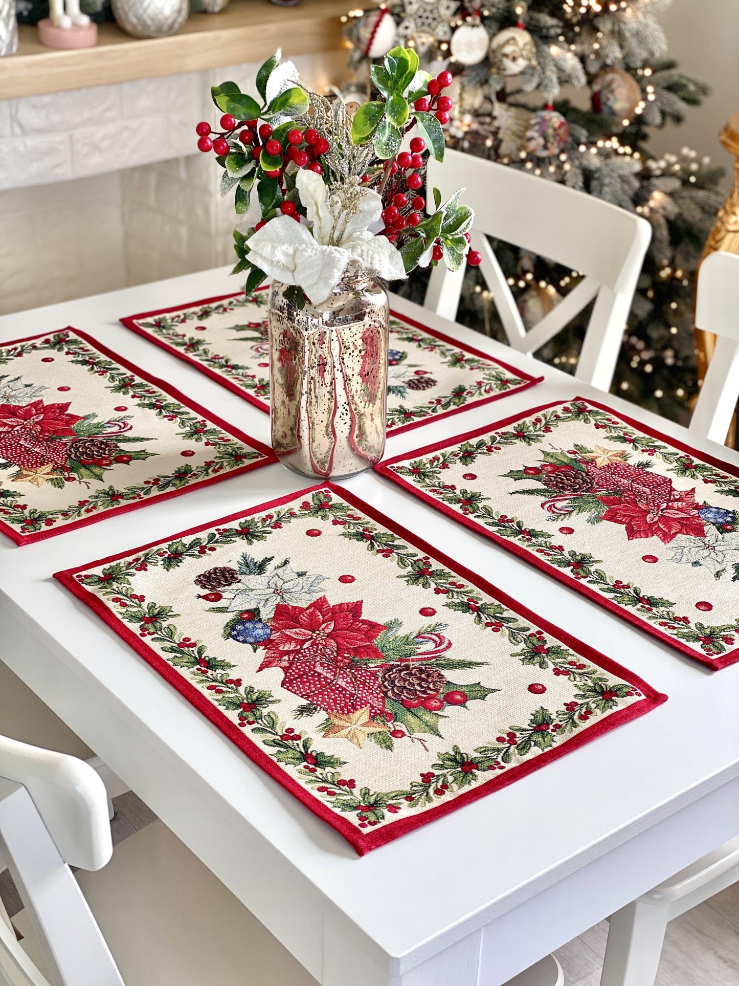 Christmas Placemat set «Red Poinsettia» with Golden Lurex - Luxury Tapestry