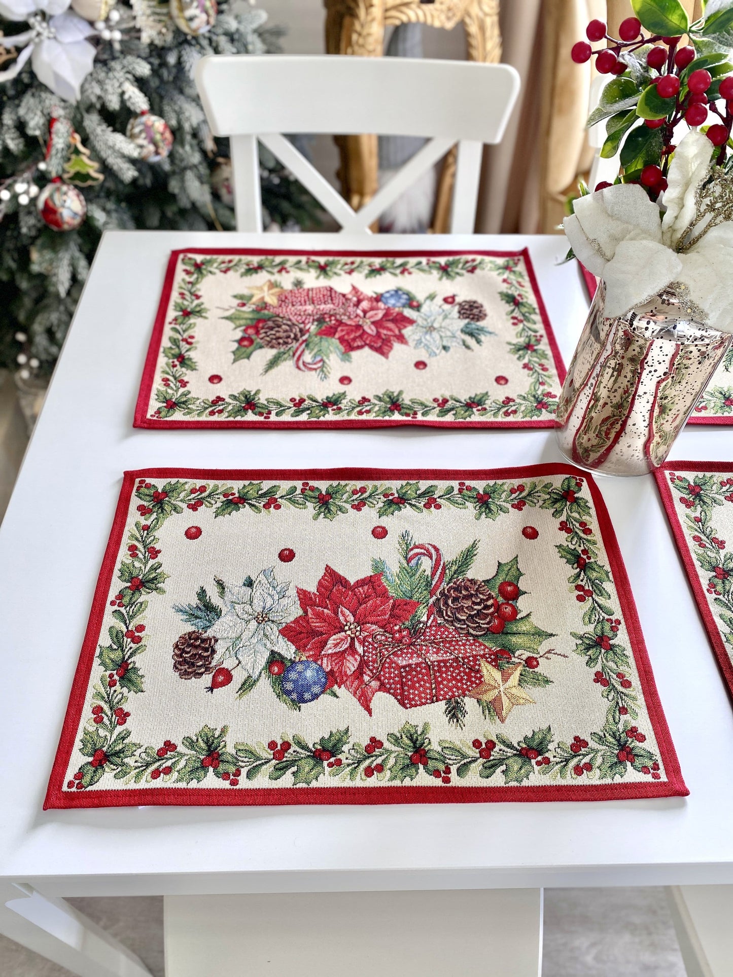 Christmas Placemat set «Red Poinsettia» with Golden Lurex - Luxury Tapestry