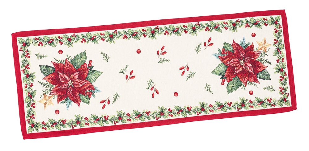 Christmas Table Runner «Red Poinsettia» with Golden Lurex - Luxury Tapestry