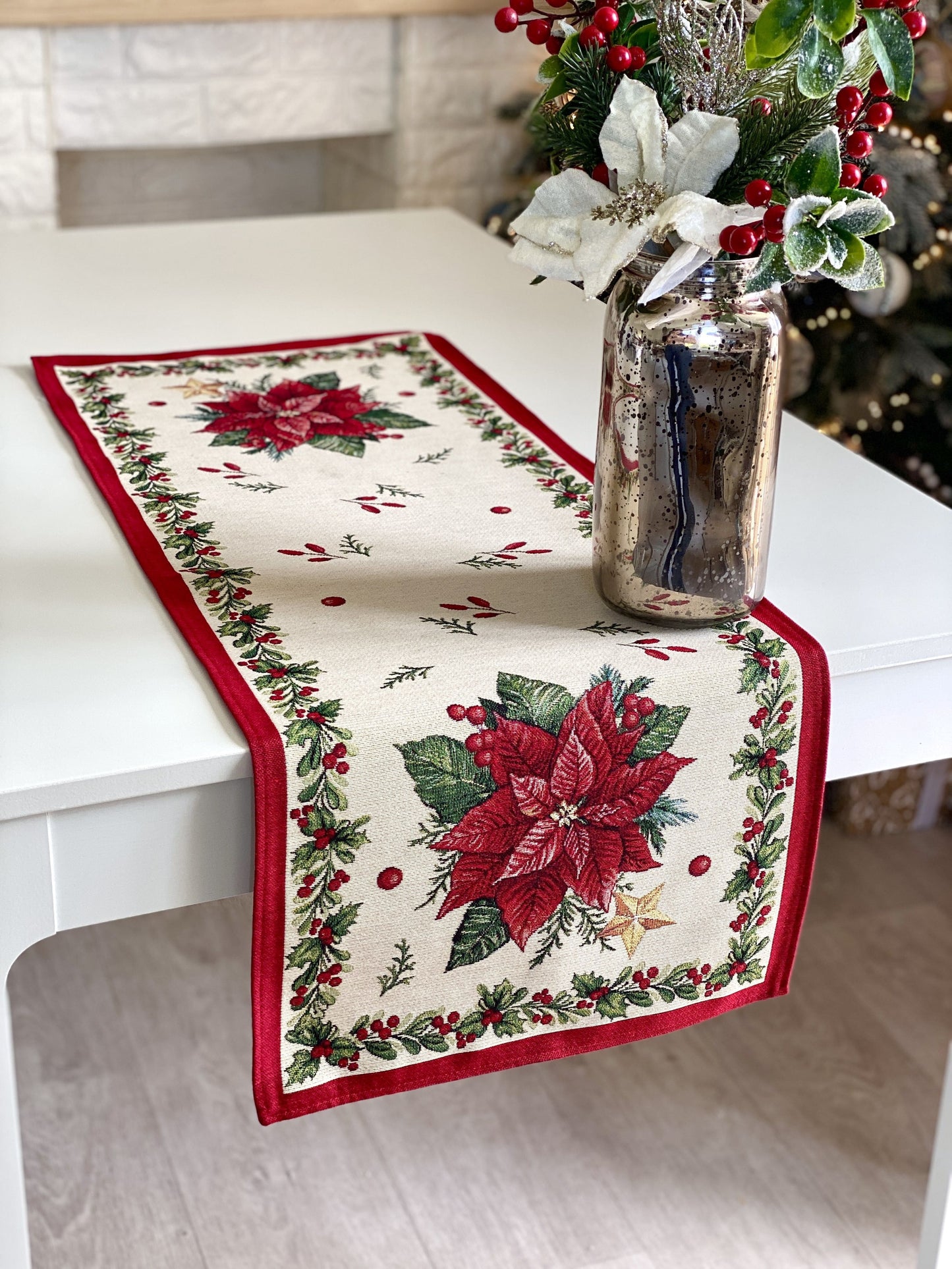 Christmas Table Runner «Red Poinsettia» with Golden Lurex - Luxury Tapestry
