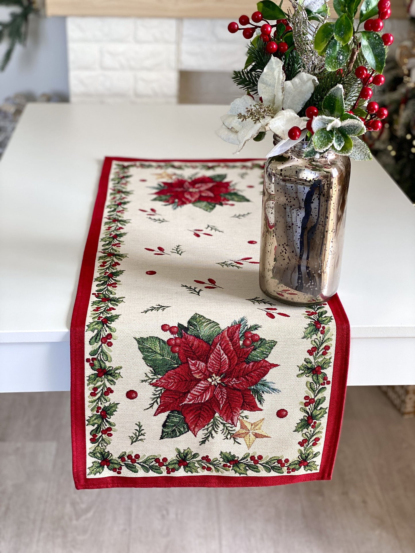 Christmas Table Runner «Red Poinsettia» with Golden Lurex - Luxury Tapestry