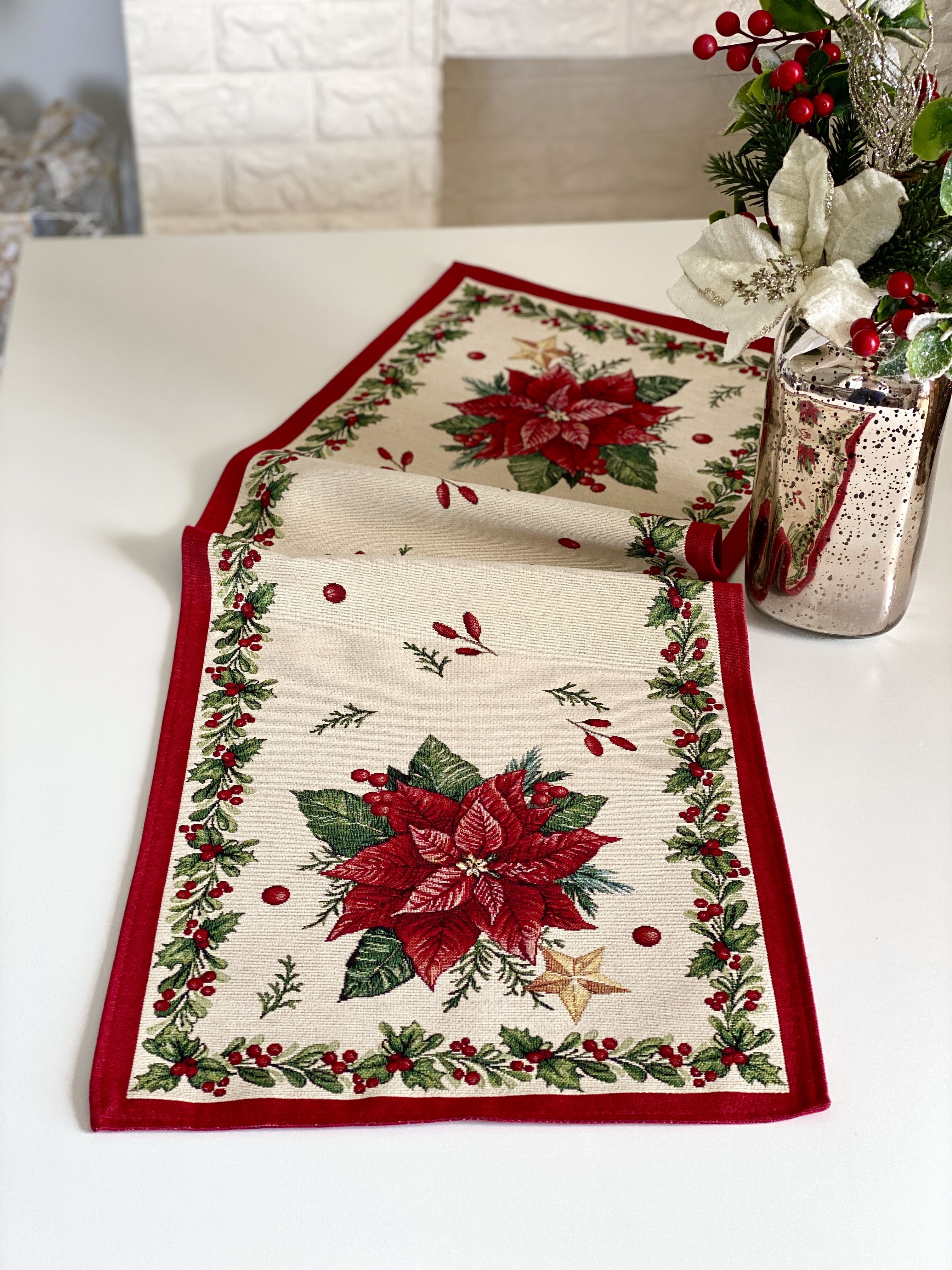 Christmas Table Runner «Red Poinsettia» with Golden Lurex - Luxury Tapestry - Textile4Family