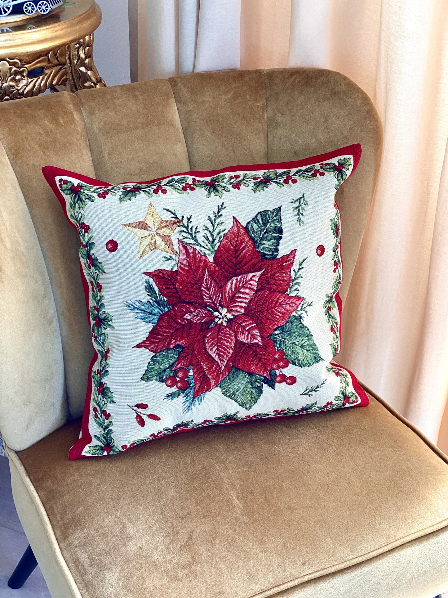 Christmas Pillow cover «Red Poinsettia» with Golden Lurex - Luxury Tapestry
