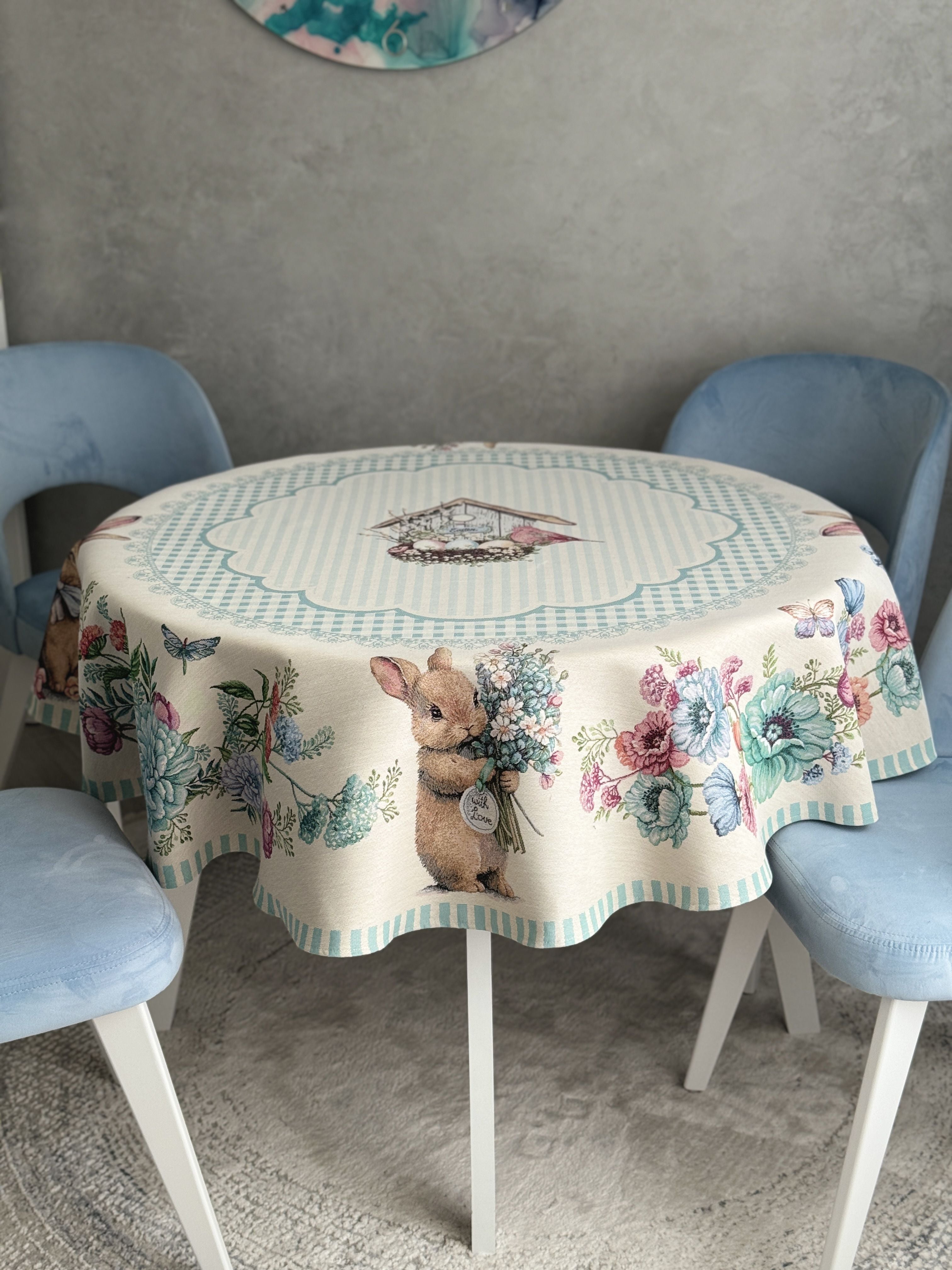 Round Easter tapestry tablecloth «Blue Bunnies» Limaso Textile