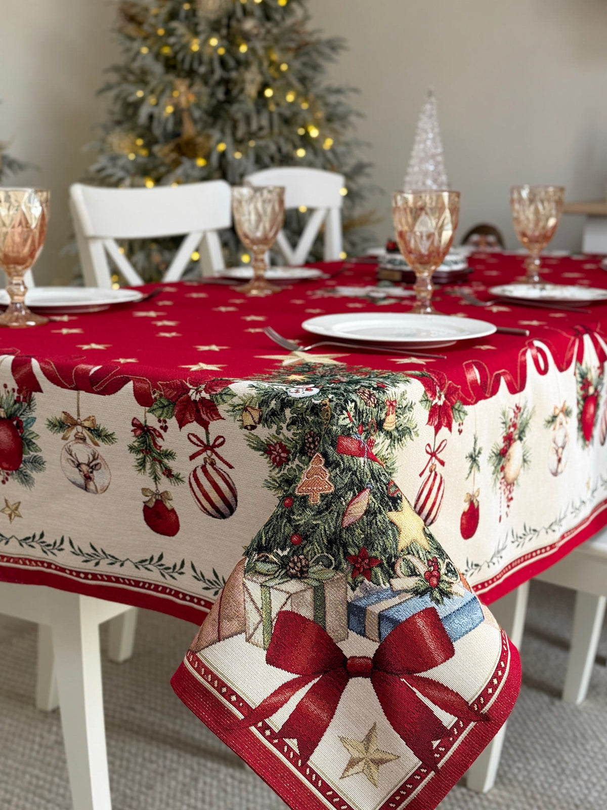 Winter Holiday Tablecloth «Red & Gold» with golden thread - High quality tapestry