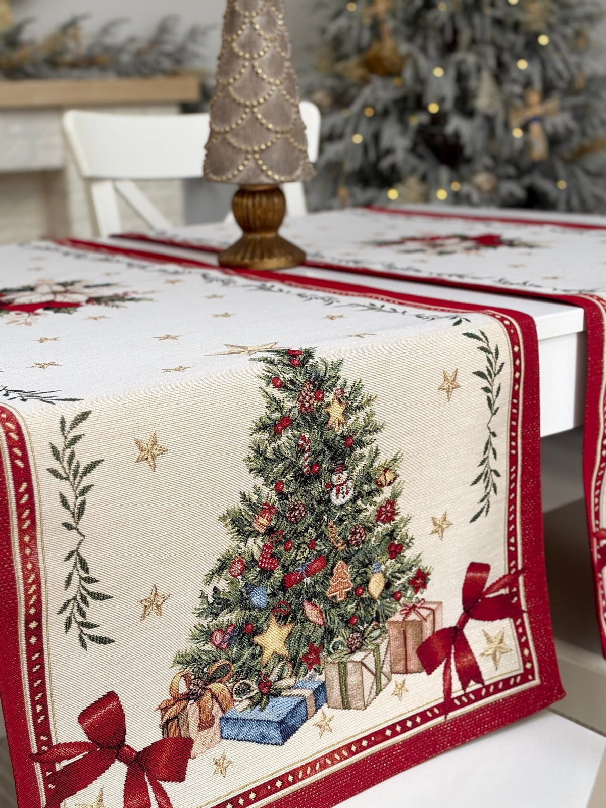 Winter Holiday Table Runner «Red & Gold» with golden thread - High quality tapestry