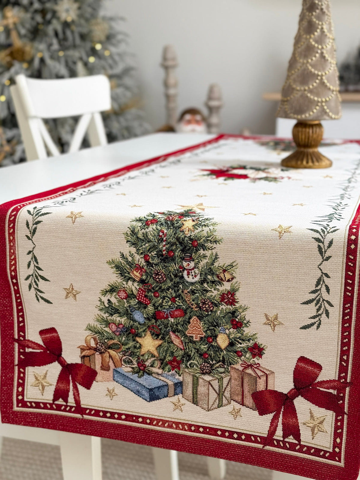 Winter Holiday Table Runner «Red & Gold» with golden thread - High quality tapestry