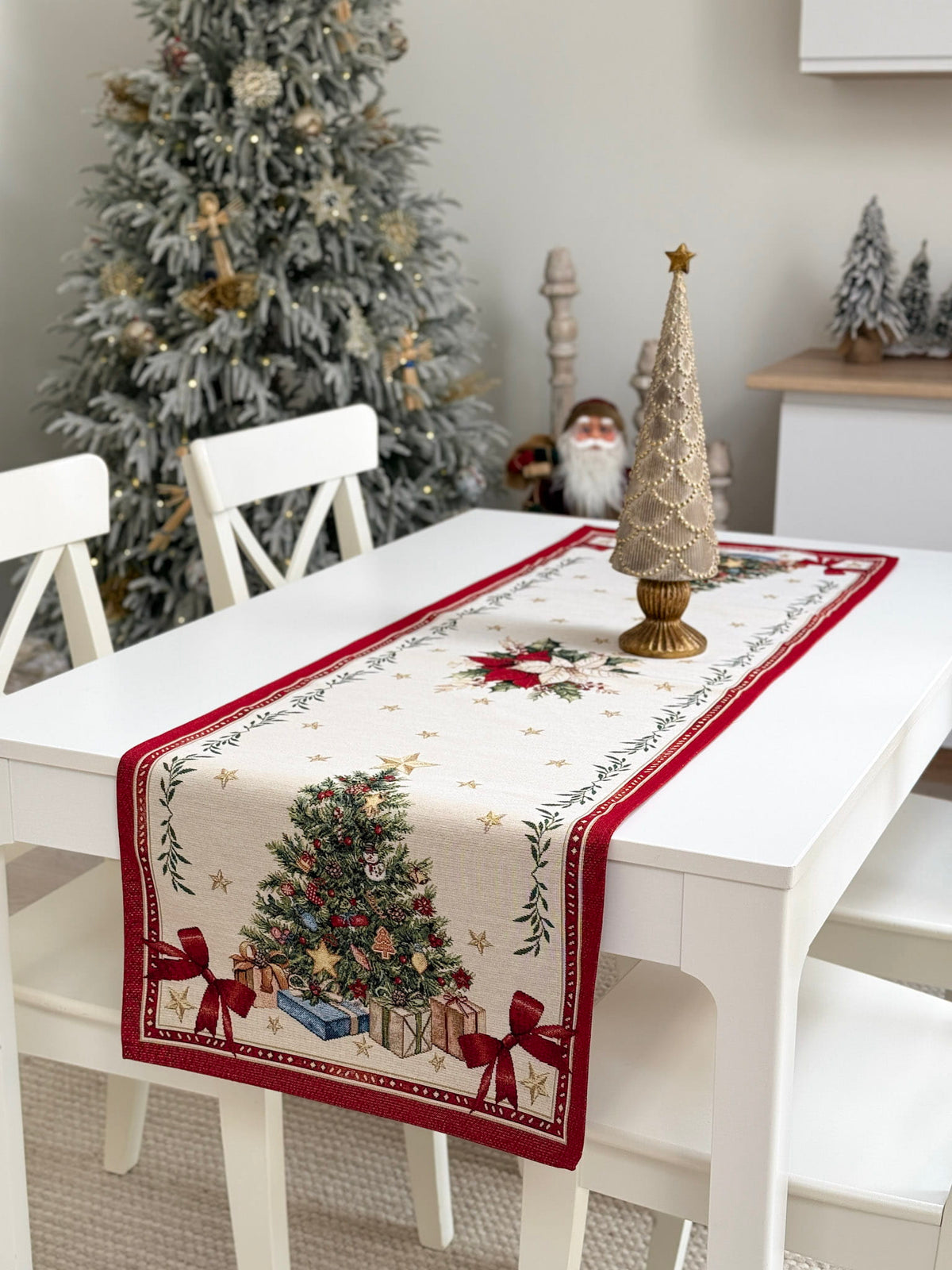 Winter Holiday Table Runner «Red & Gold» with golden thread - High quality tapestry