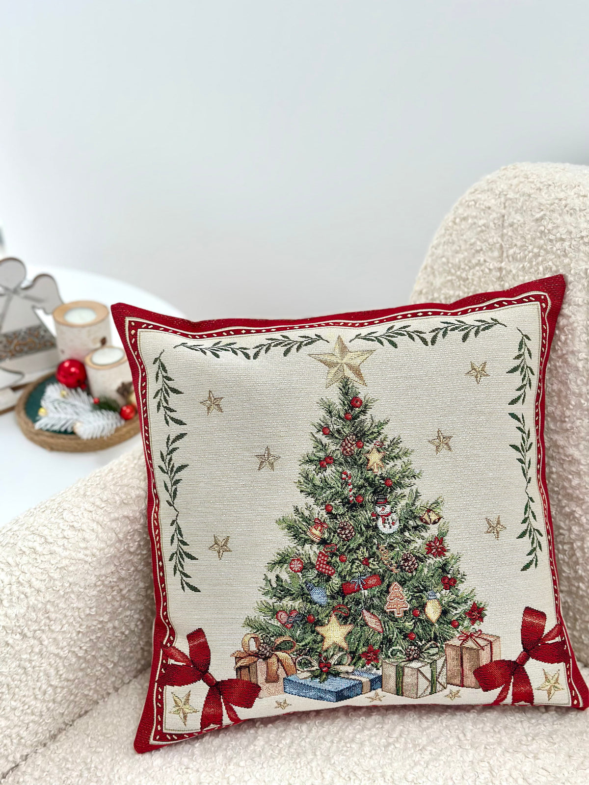 Winter Holiday Pillow cover «Red & Gold» with golden thread - High quality tapestry