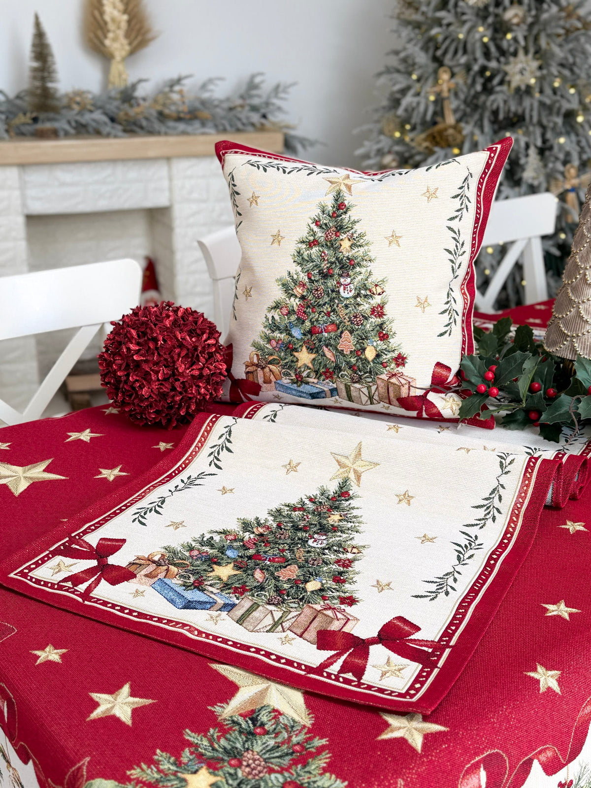 Winter Holiday Table Runner «Red & Gold» with golden thread - High quality tapestry