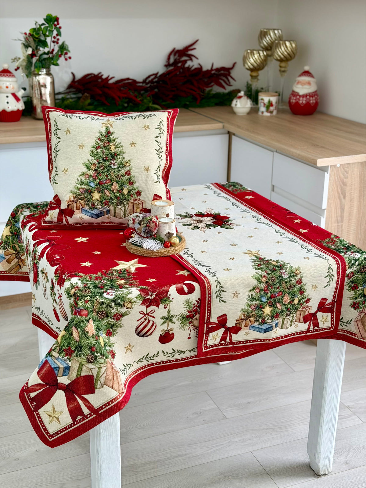 Winter Holiday Pillow cover «Red & Gold» with golden thread - High quality tapestry