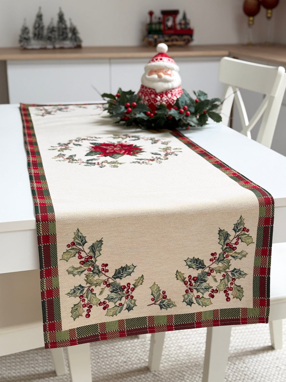 Winter Holiday Table Runner «Christmas Botanicals» with golden thread - High quality tapestry