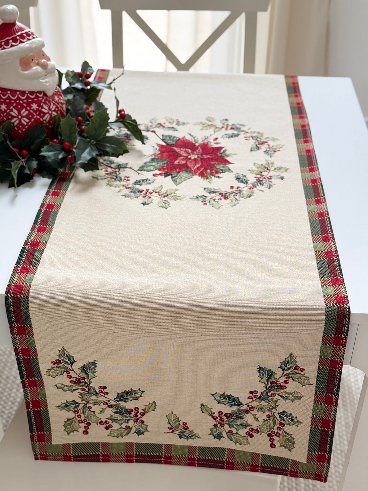 Winter Holiday Table Runner «Christmas Botanicals» with golden thread - High quality tapestry