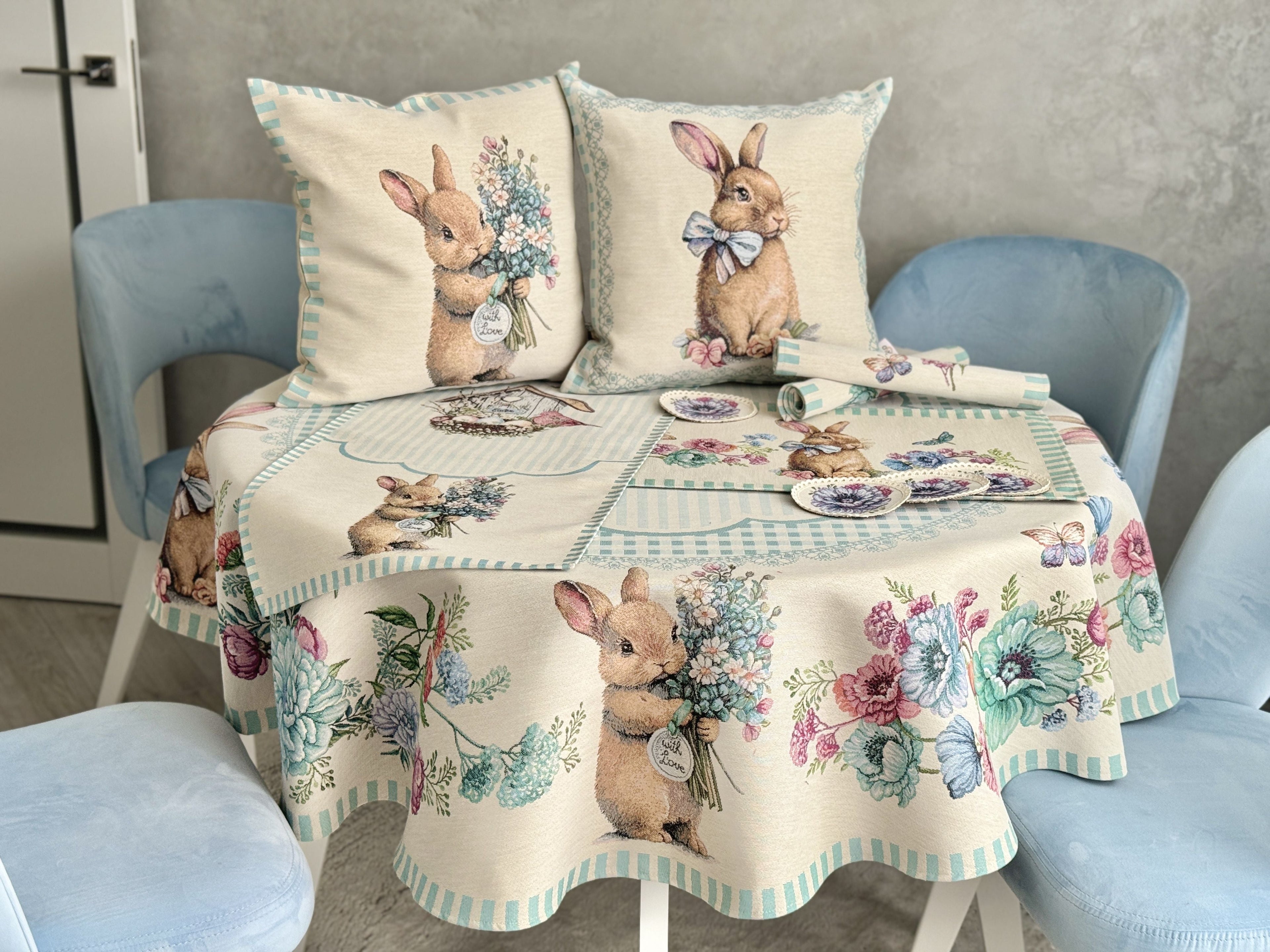 Round Easter tapestry tablecloth «Blue Bunnies» Limaso Textile