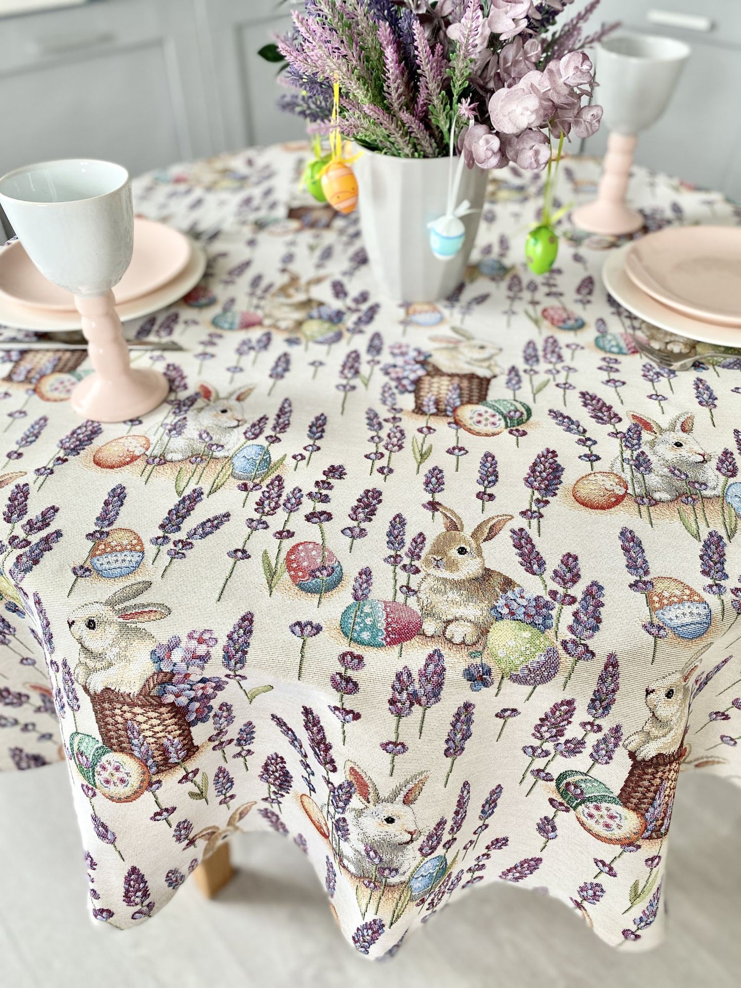Round Easter tapestry tablecloth «Rabbit in lavender»