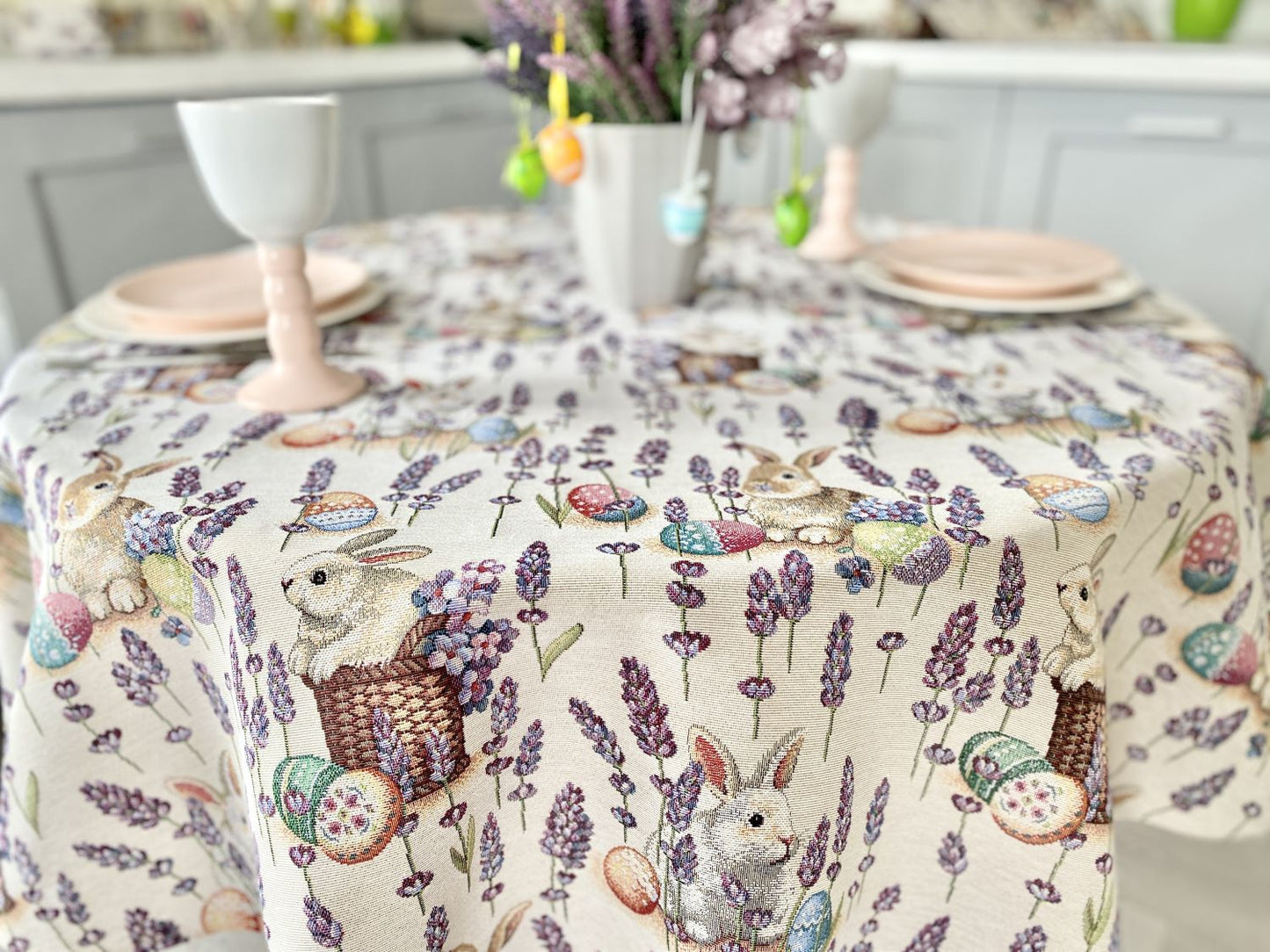 Round Easter tapestry tablecloth «Rabbit in lavender»