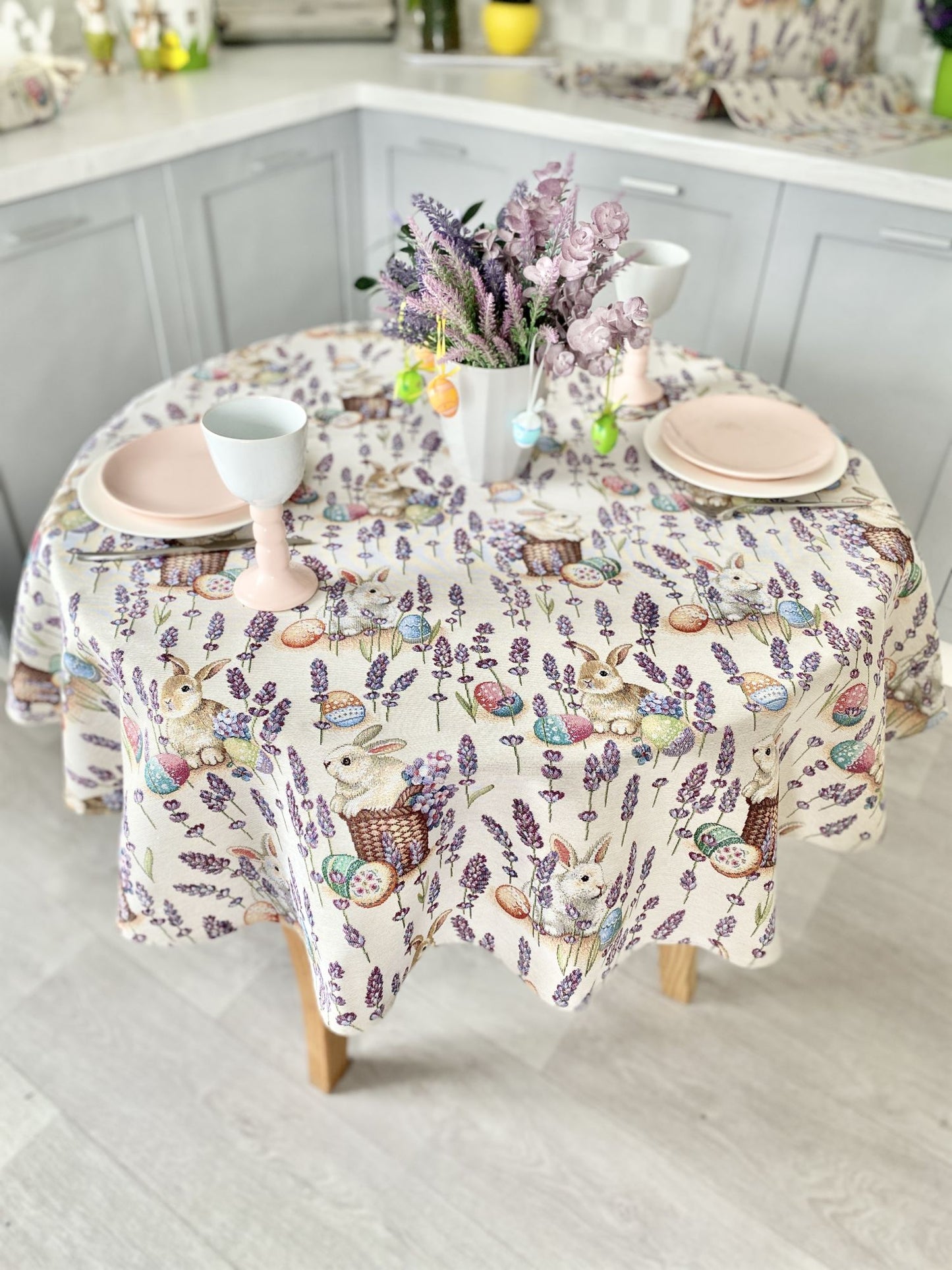 Round Easter tapestry tablecloth «Rabbit in lavender»