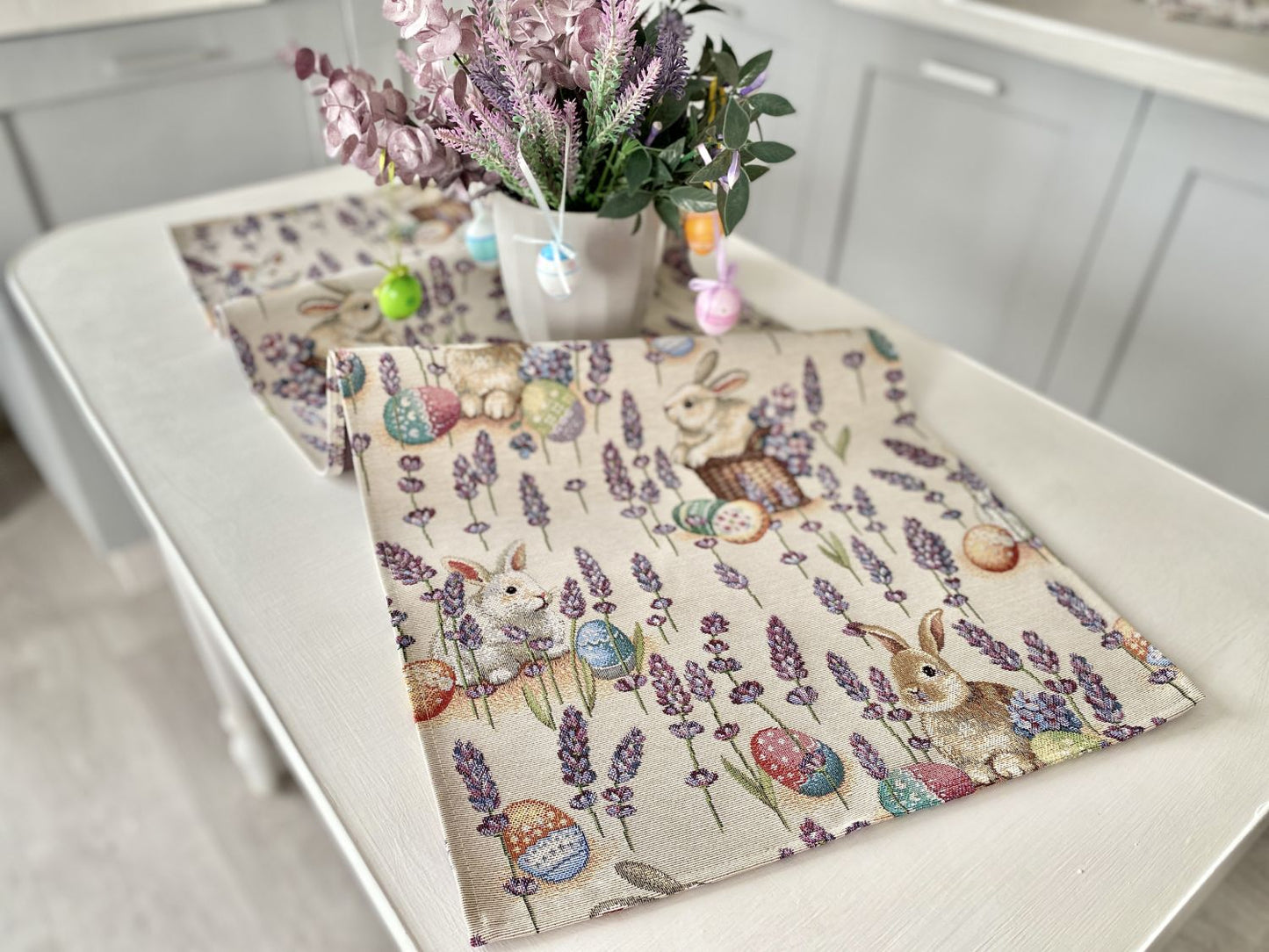 Easter tapestry table runner «Rabbit in lavender»