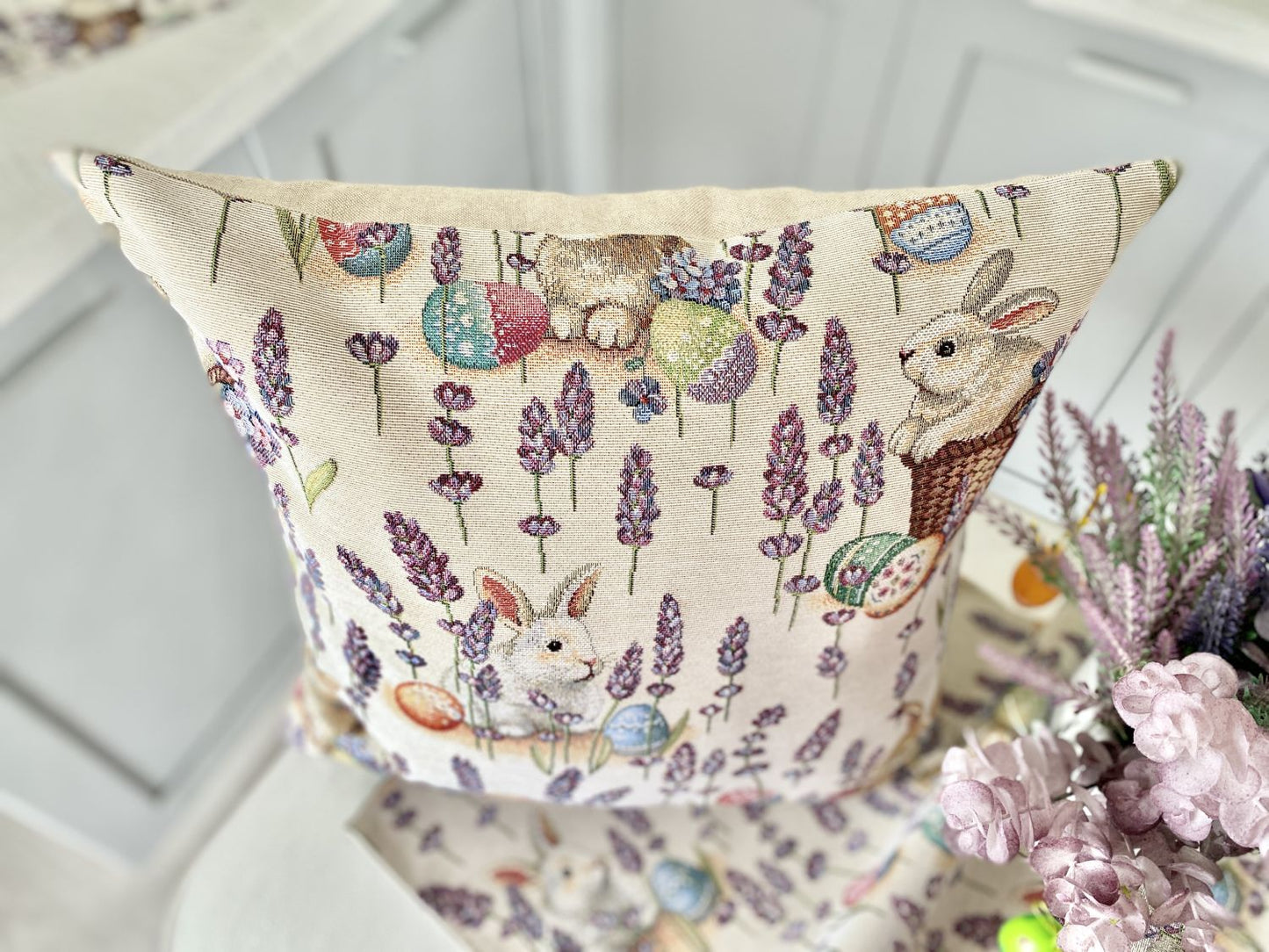 Easter tapestry cushion cover «Rabbit in lavender»