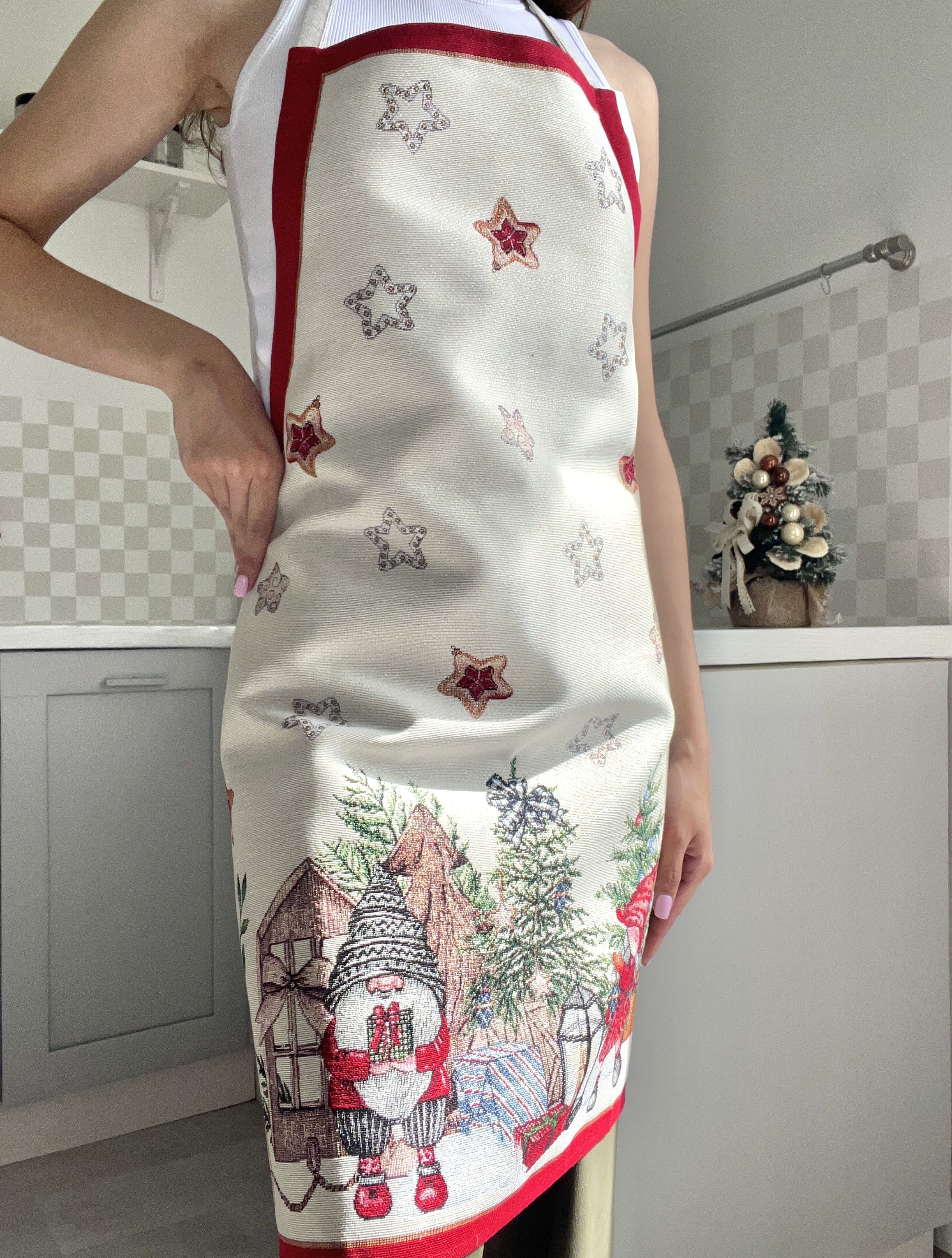Xmas kitchen apron «Federica» with silver thread Limaso Textile