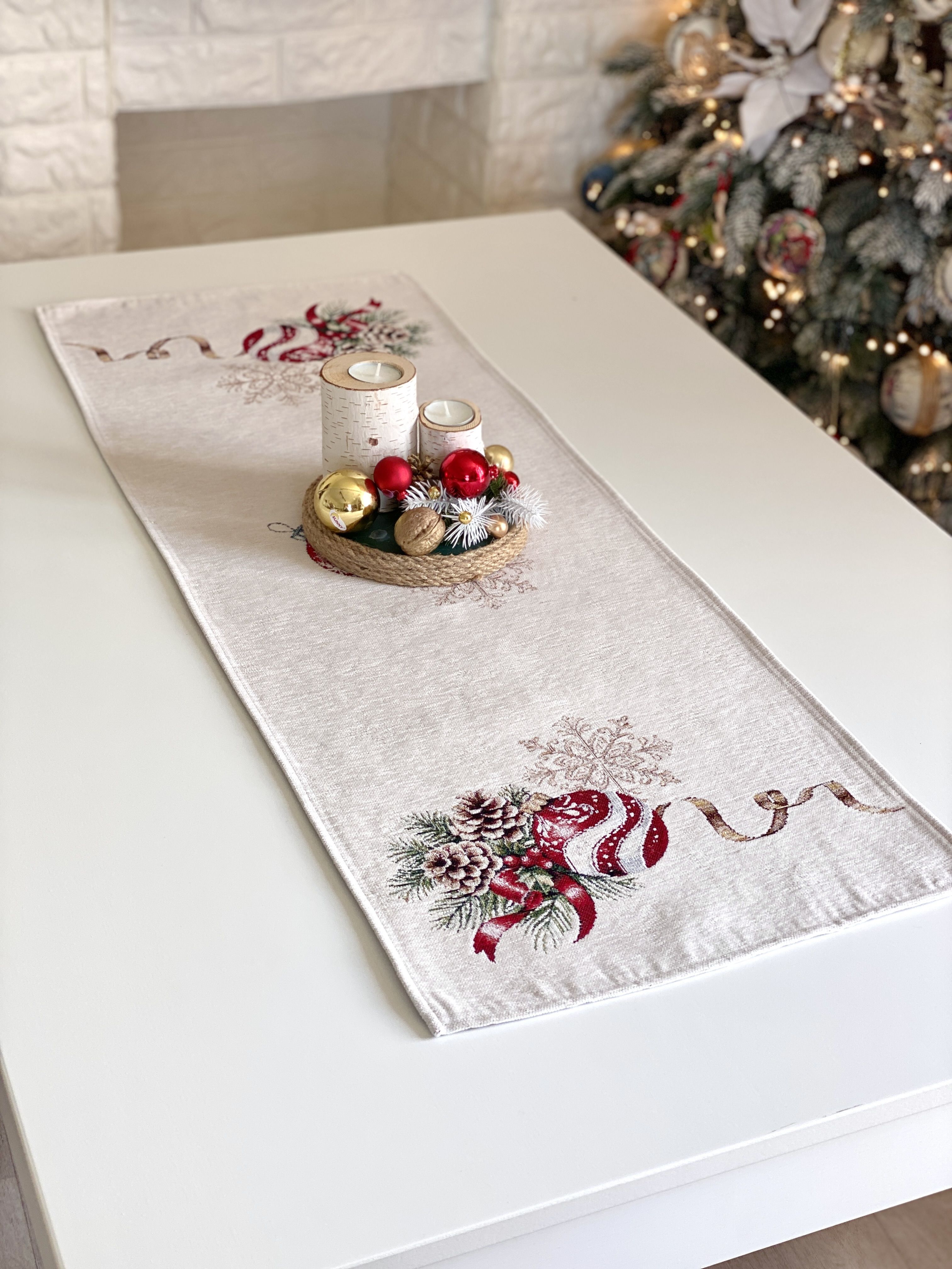 Christmas Table Runner «Golden Noel Collection» with Microfibre & Golden lurex - Premium Gobelin - Textile4Family