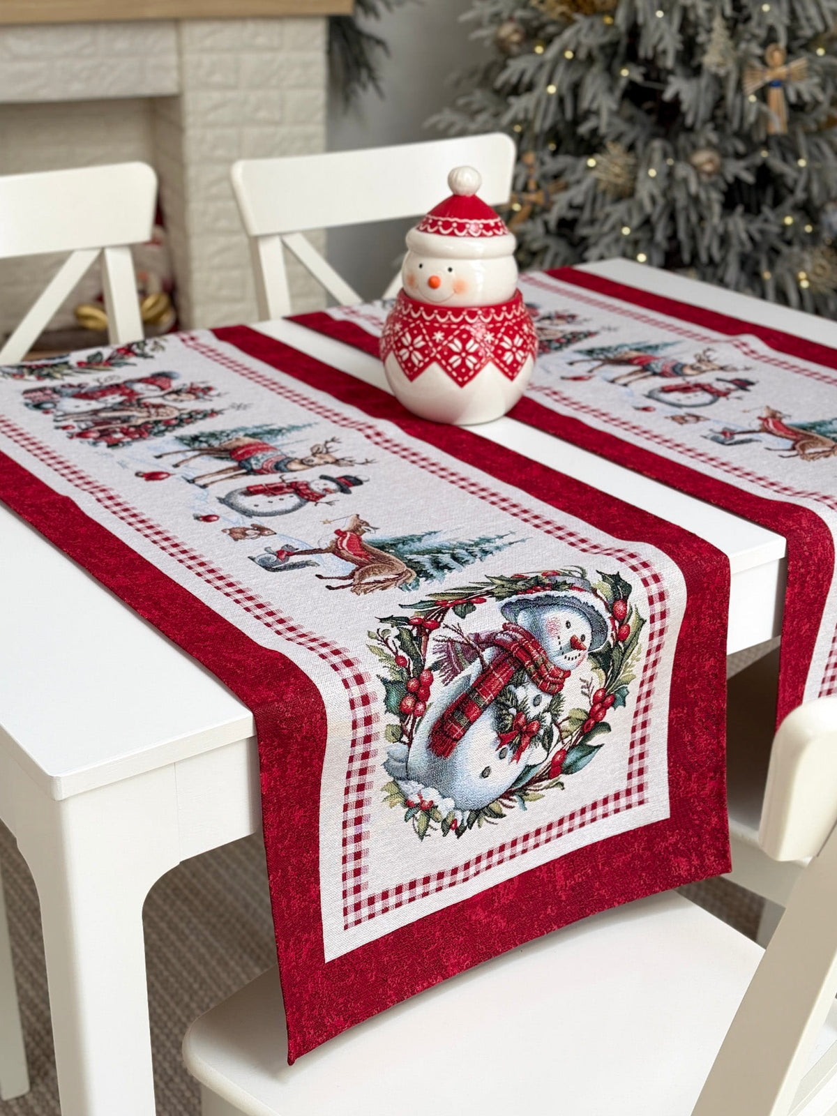 Winter Holiday Table Runner «Snowman Tales» with silver thread - High quality tapestry