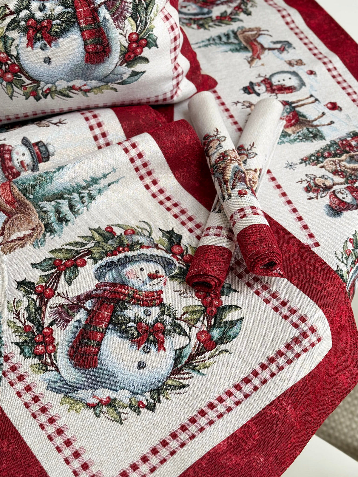 Winter Holiday Table Runner «Snowman Tales» with silver thread - High quality tapestry