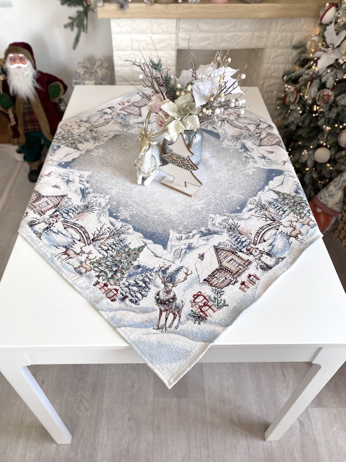 Christmas Tablecloth «Snowy Cabin Charm» with Microfibre - Premium Gobelin