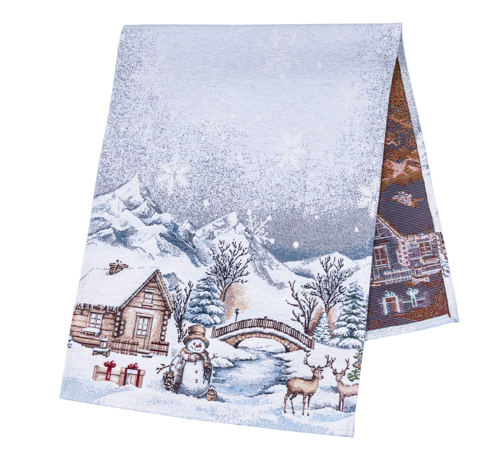 Christmas Table Runner «Snowy Cabin Charm» with Microfibre - Premium Gobelin