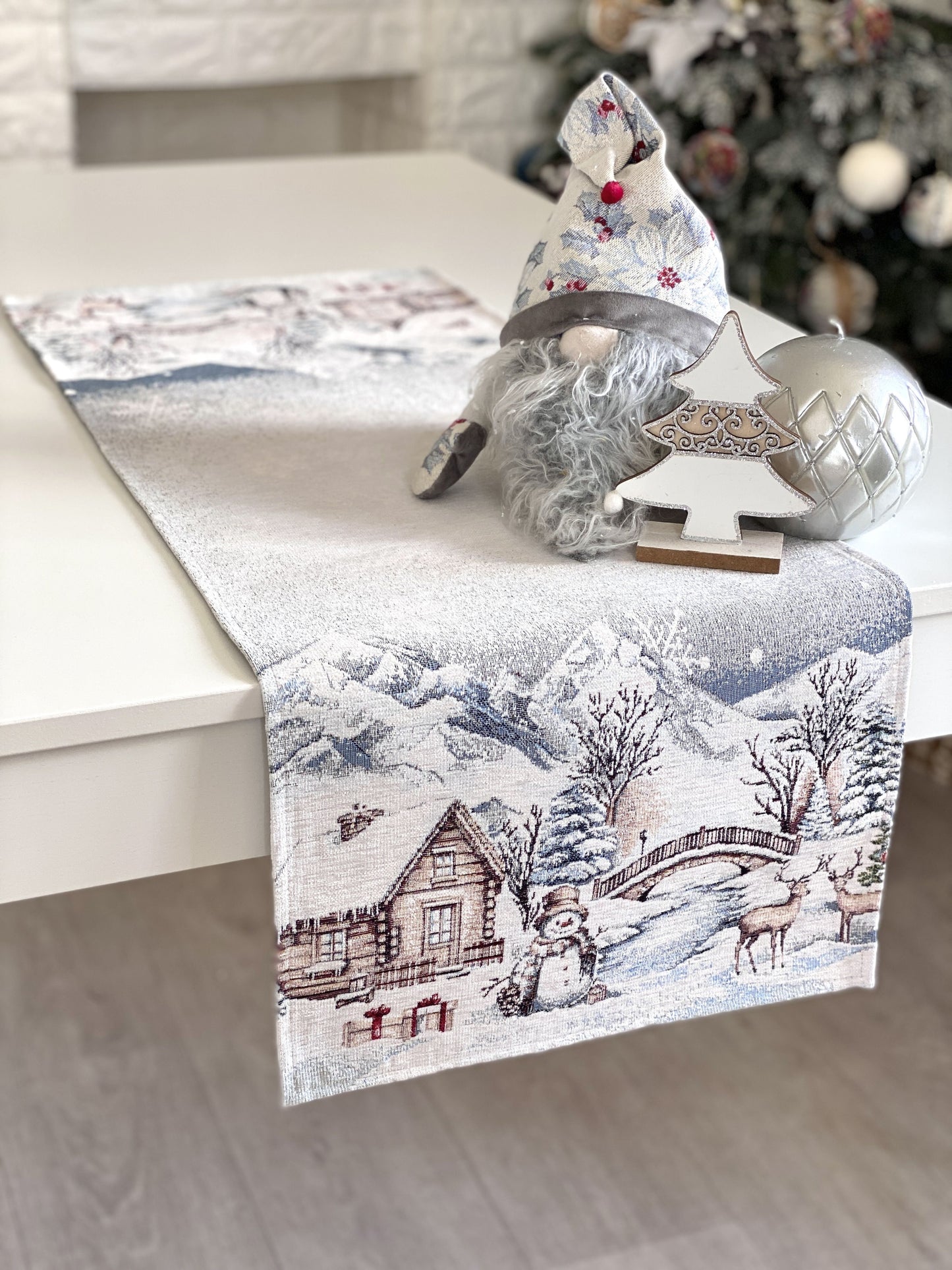 Christmas Table Runner «Snowy Cabin Charm» with Microfibre - Premium Gobelin