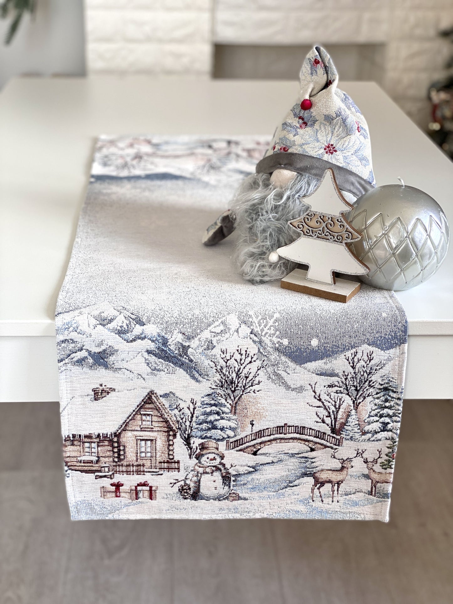 Christmas Table Runner «Snowy Cabin Charm» with Microfibre - Premium Gobelin