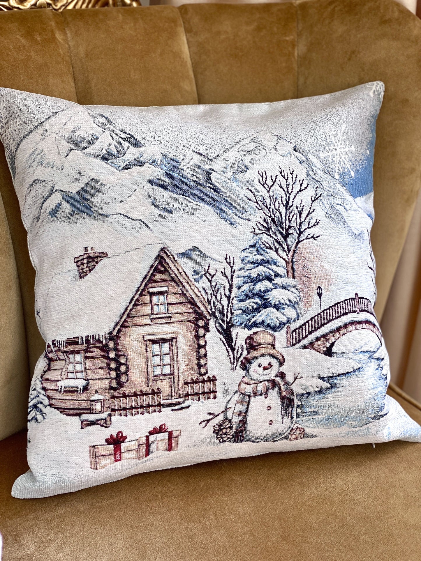 Christmas Pillow cover «Snowy Cabin Charm» with Microfibre - Premium Gobelin