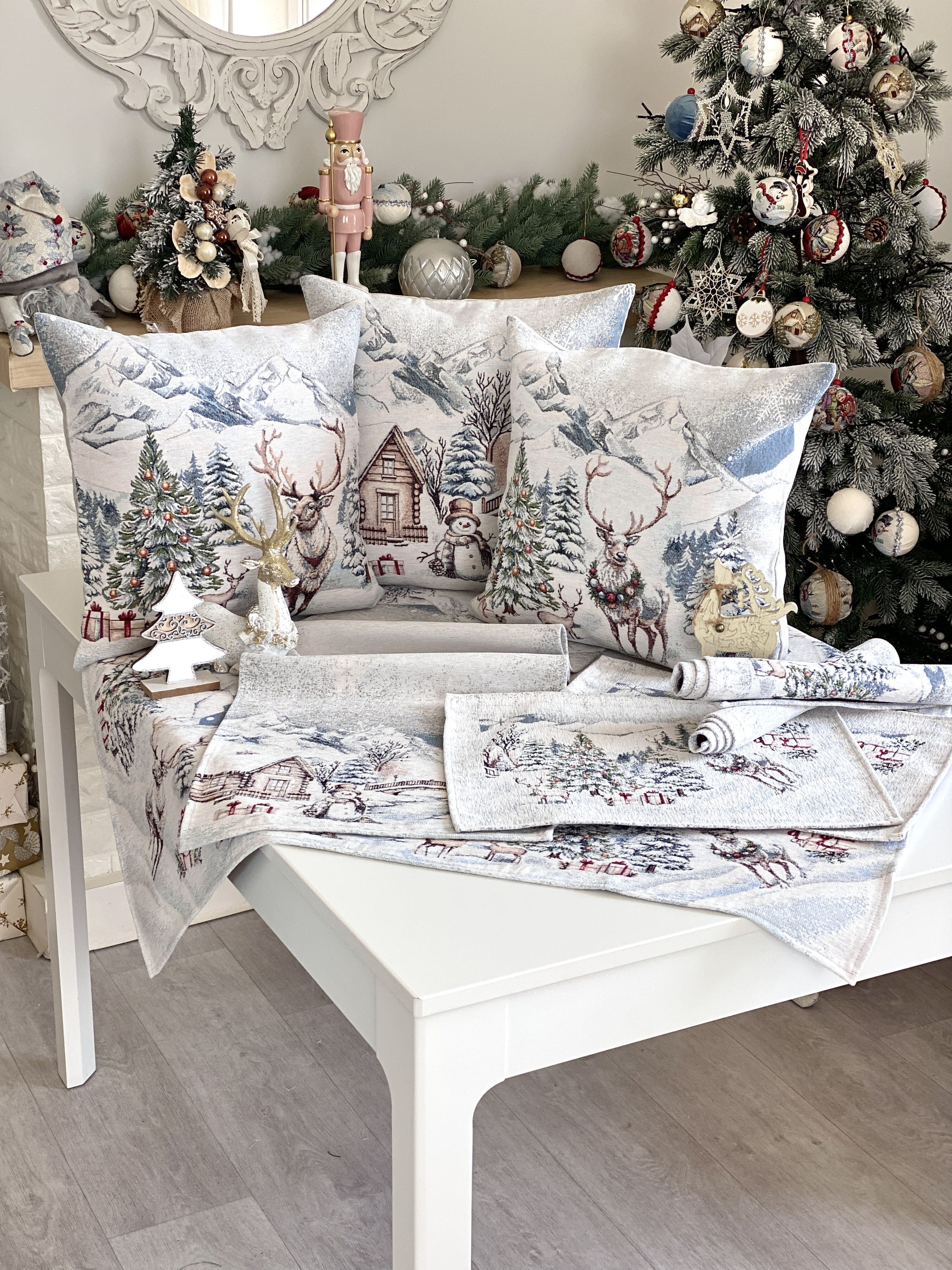 Christmas Tablecloth «Snowy Cabin Charm» with Microfibre - Premium Gobelin - Textile4Family