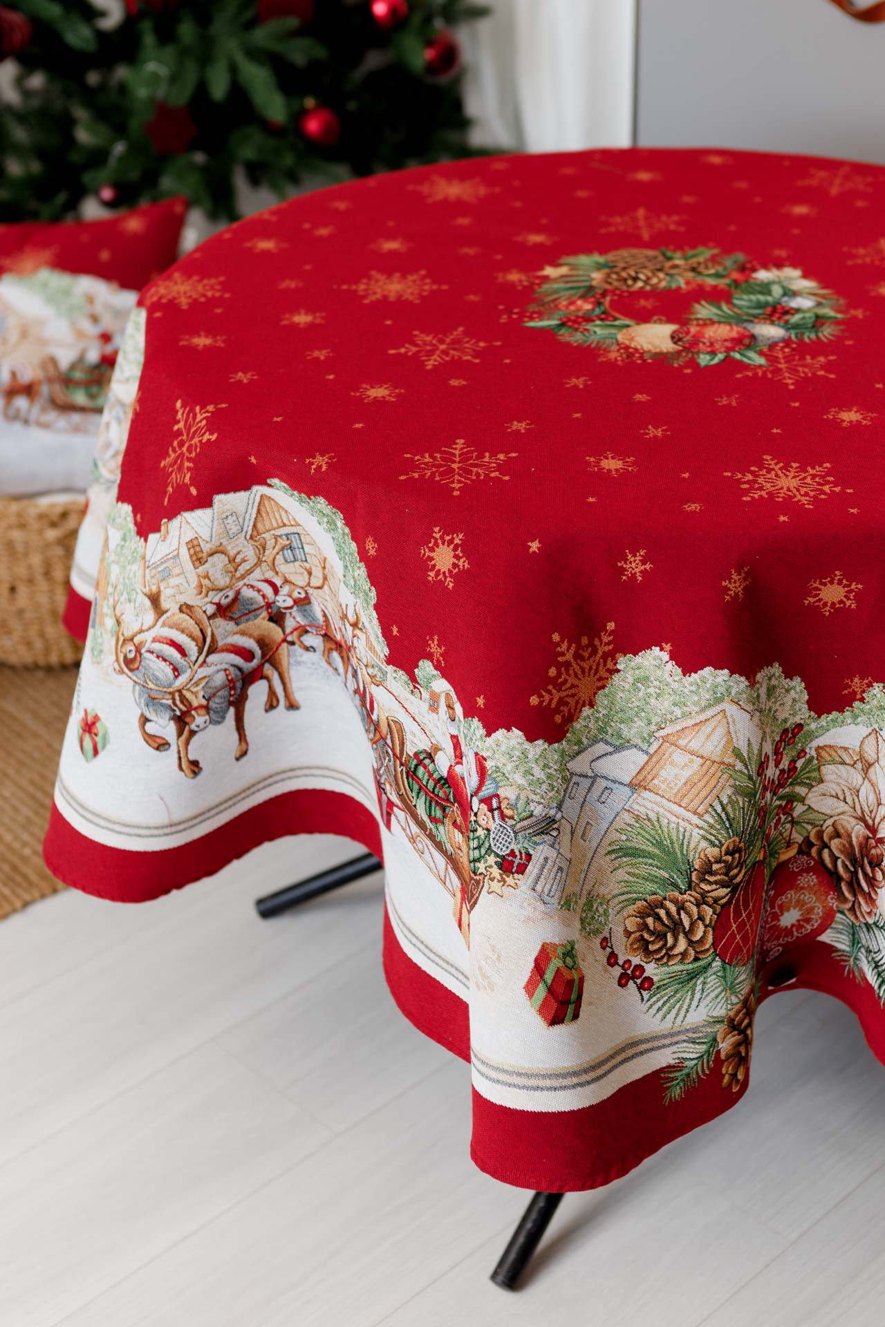 Christmas Round Tablecloth «Present» with Golden Lurex - Premium Gobelin