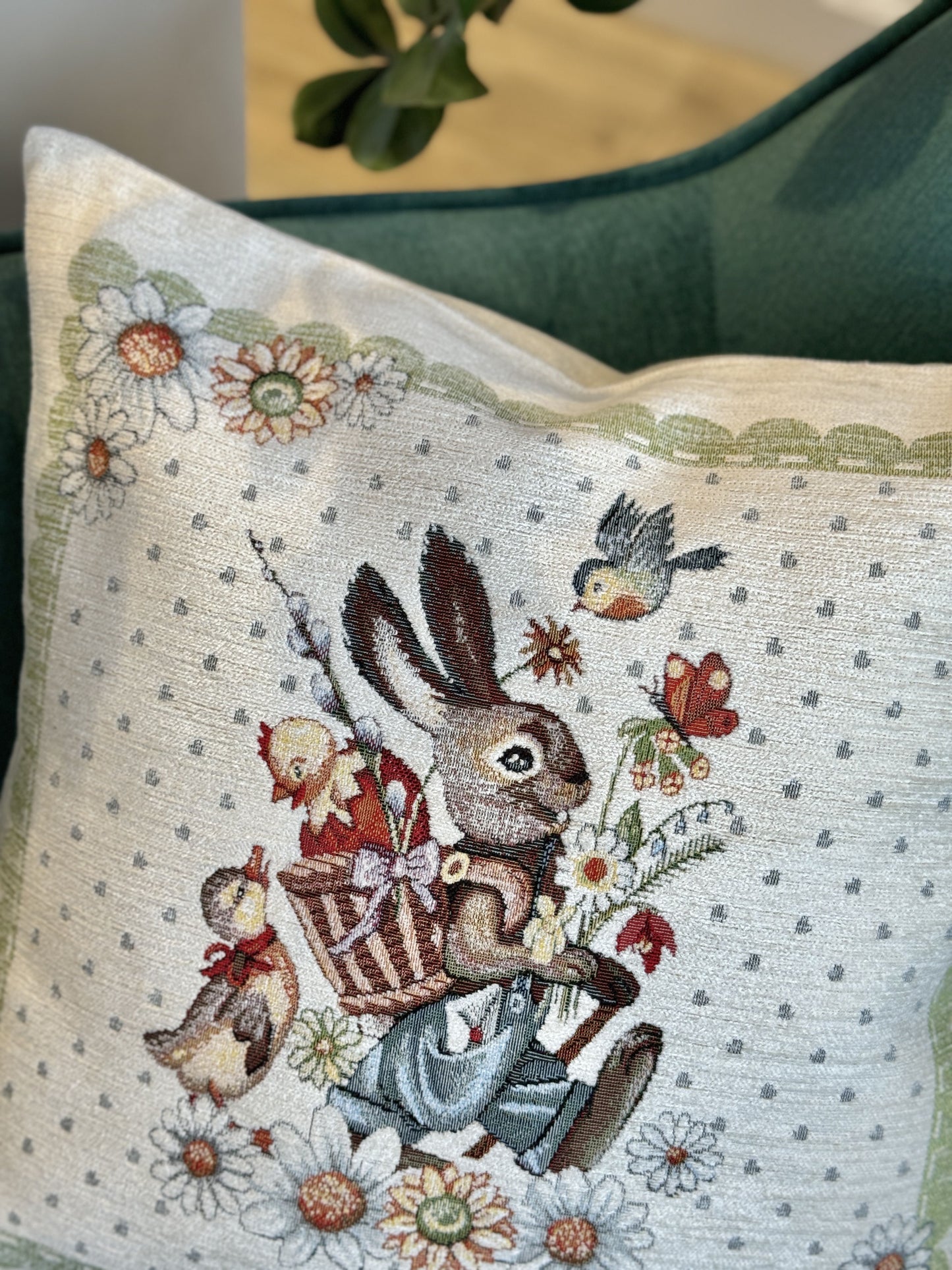 Easter tapestry cushion cover «Bunny in daisies» with microfibre