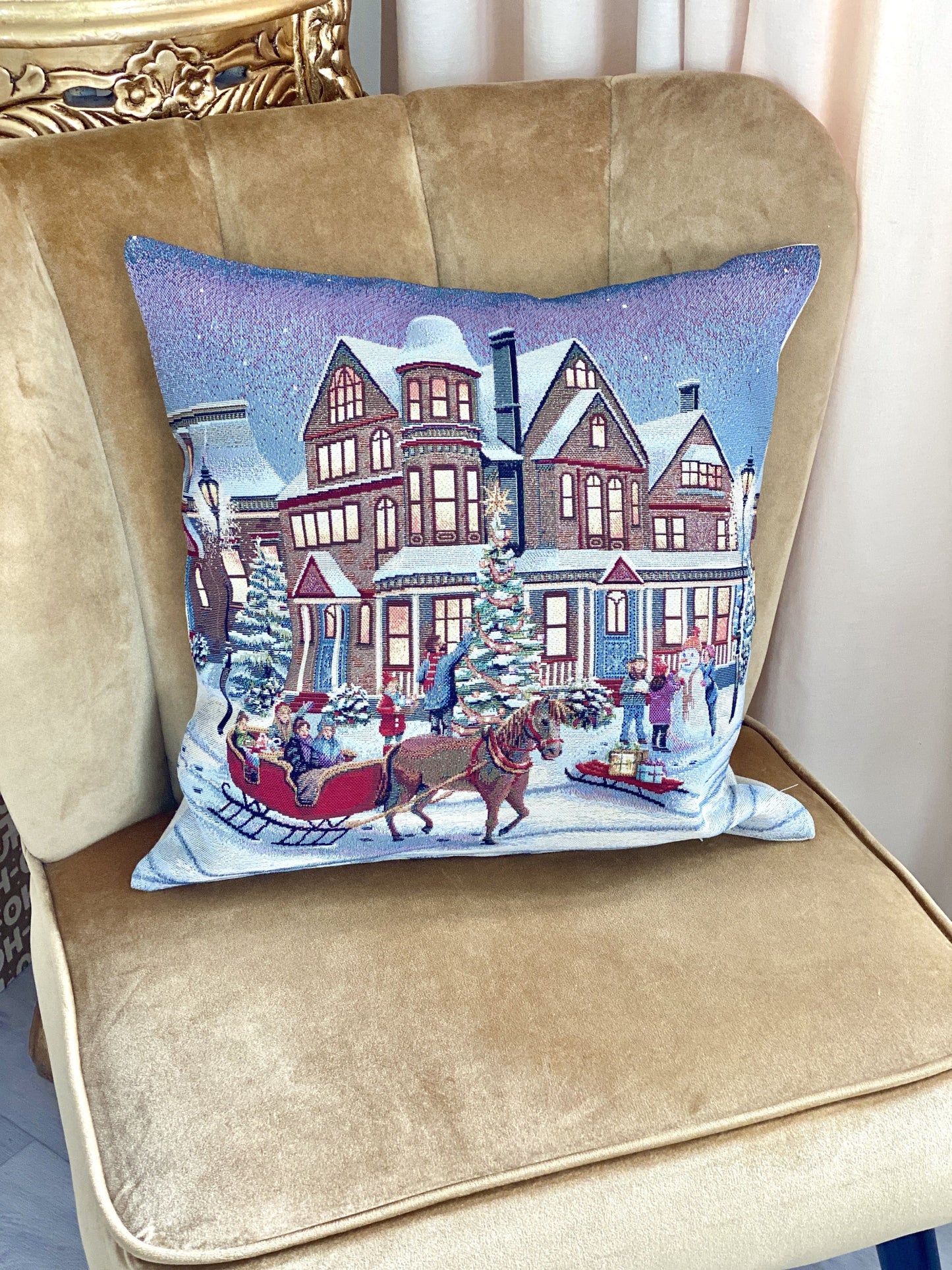 Christmas Cushion cover «Enchanted Carol Nights» with Golden Lurex - Luxury Tapestry