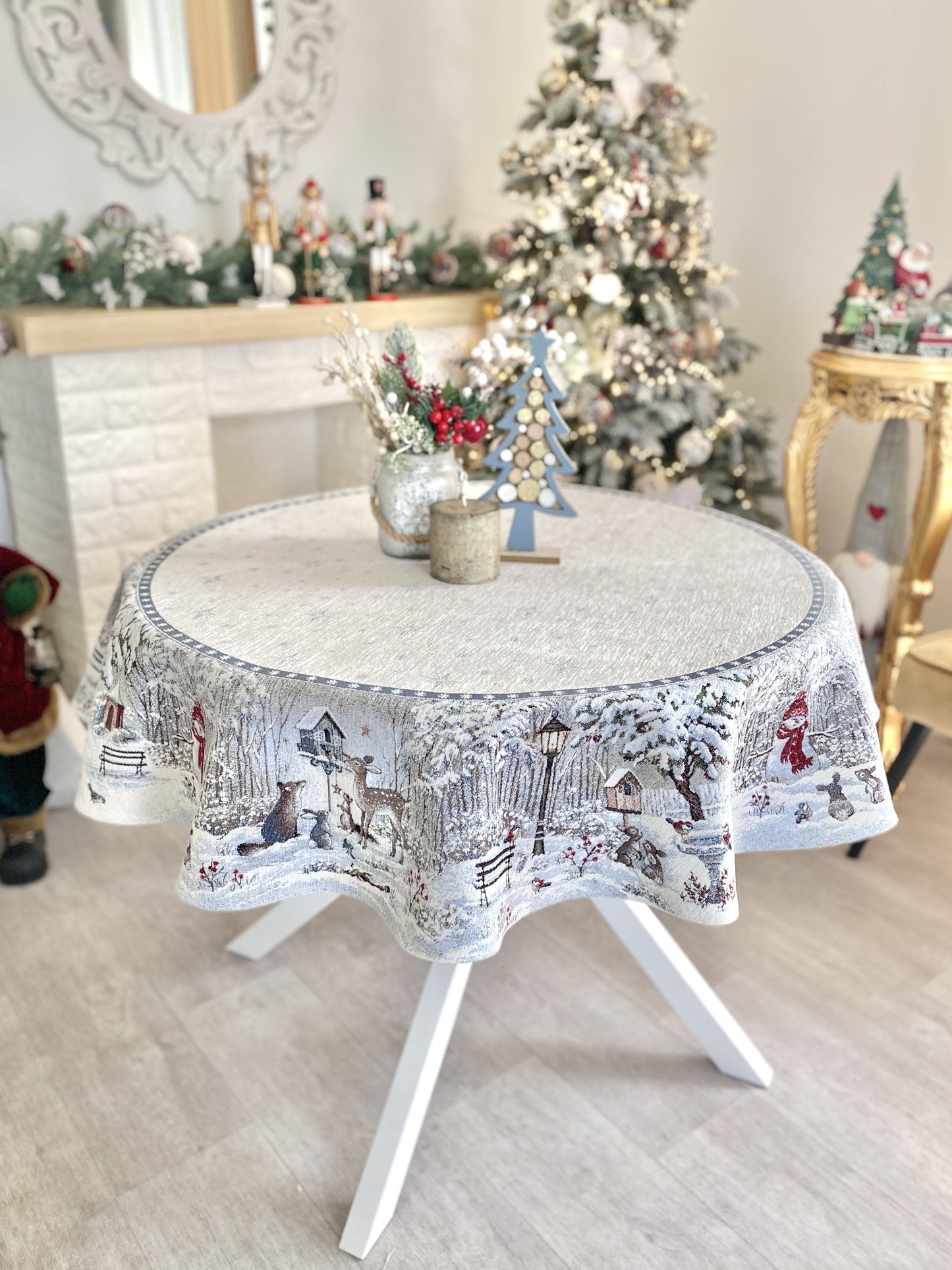 Round Christmas tablecloth «Snow village» With microfibre & silver lurex