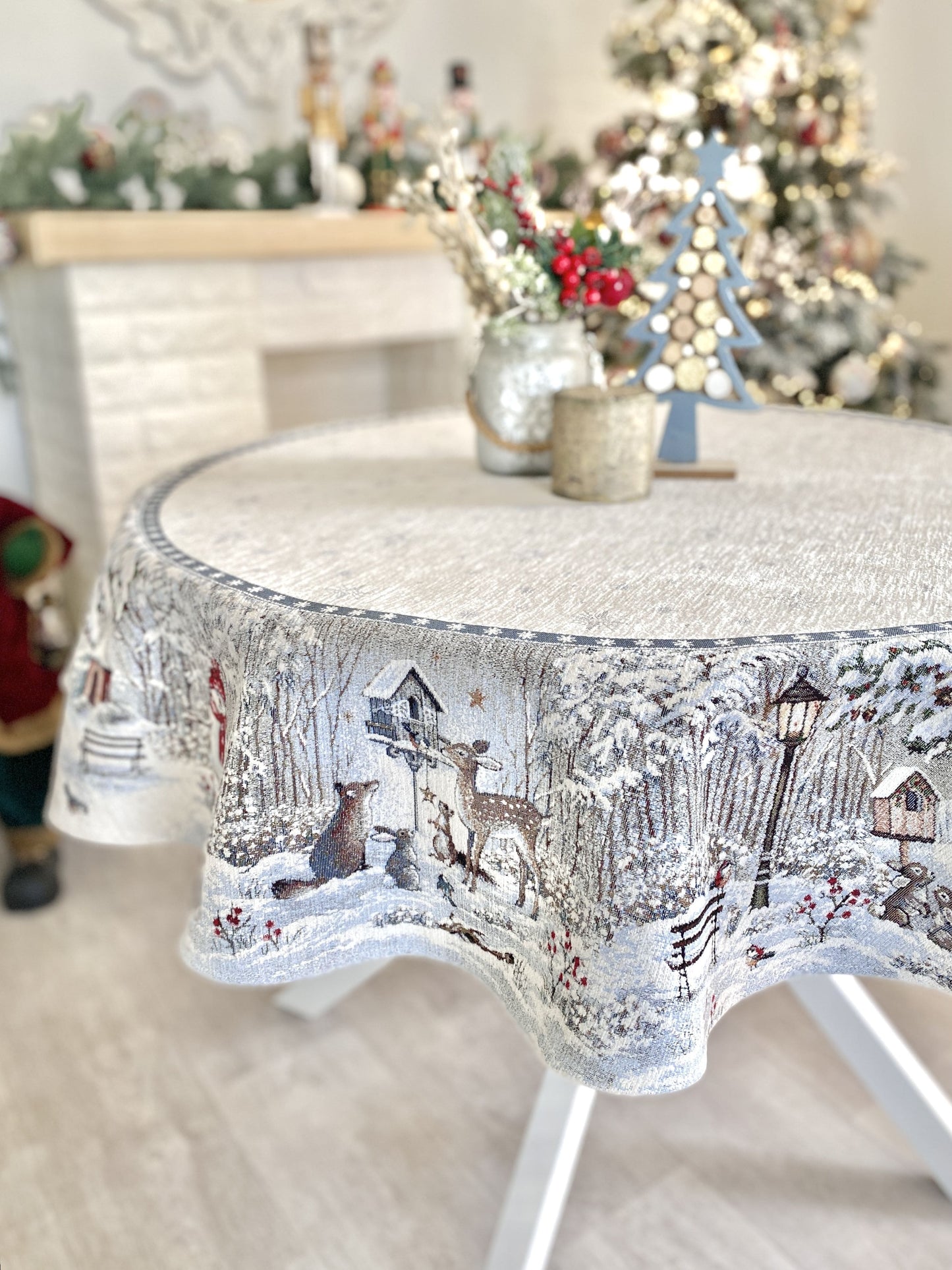 Round Christmas tablecloth «Snow village» With microfibre & silver lurex