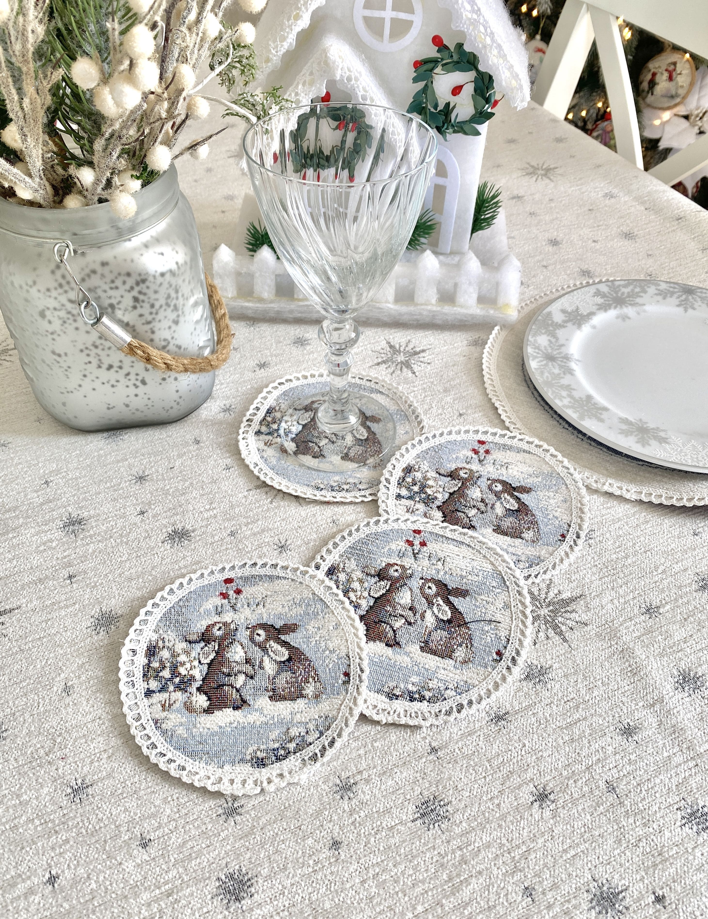 Christmas cup placemats «Snow village» With microfibre & silver lurex Limaso Textile