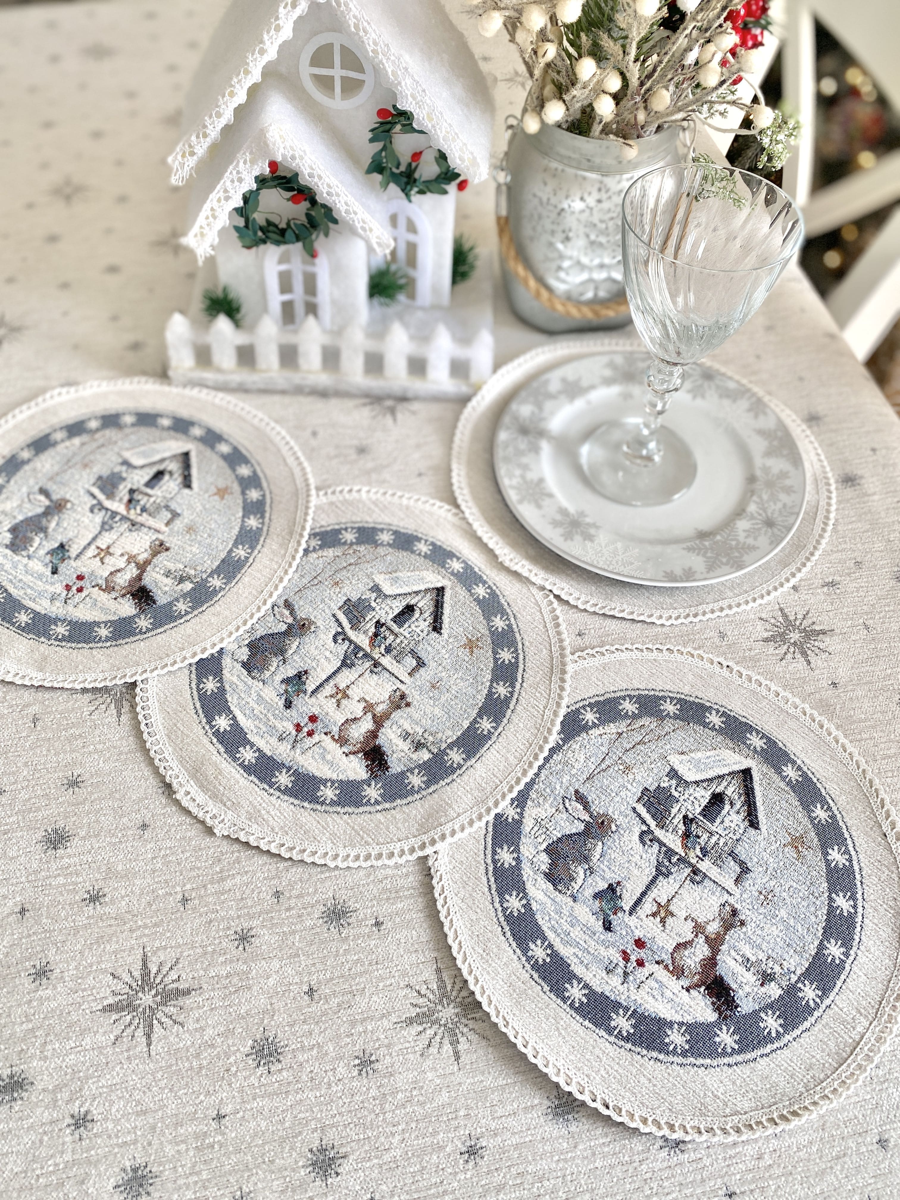Christmas cup placemats «Snow village» With microfibre & silver lurex Limaso Textile