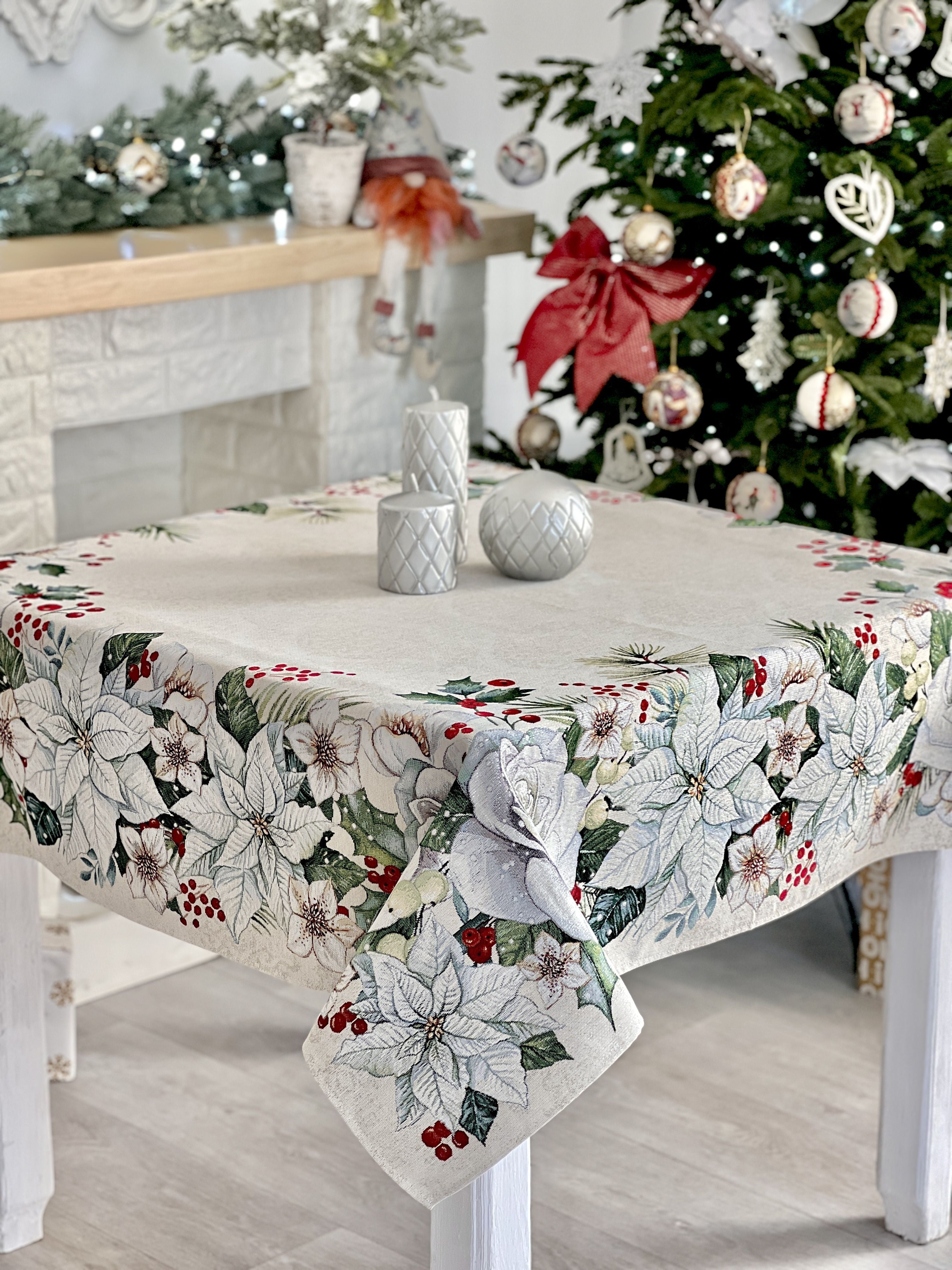 Christmas tapestry tablecloth «Christmas Flower» with silver thread Limaso Textile