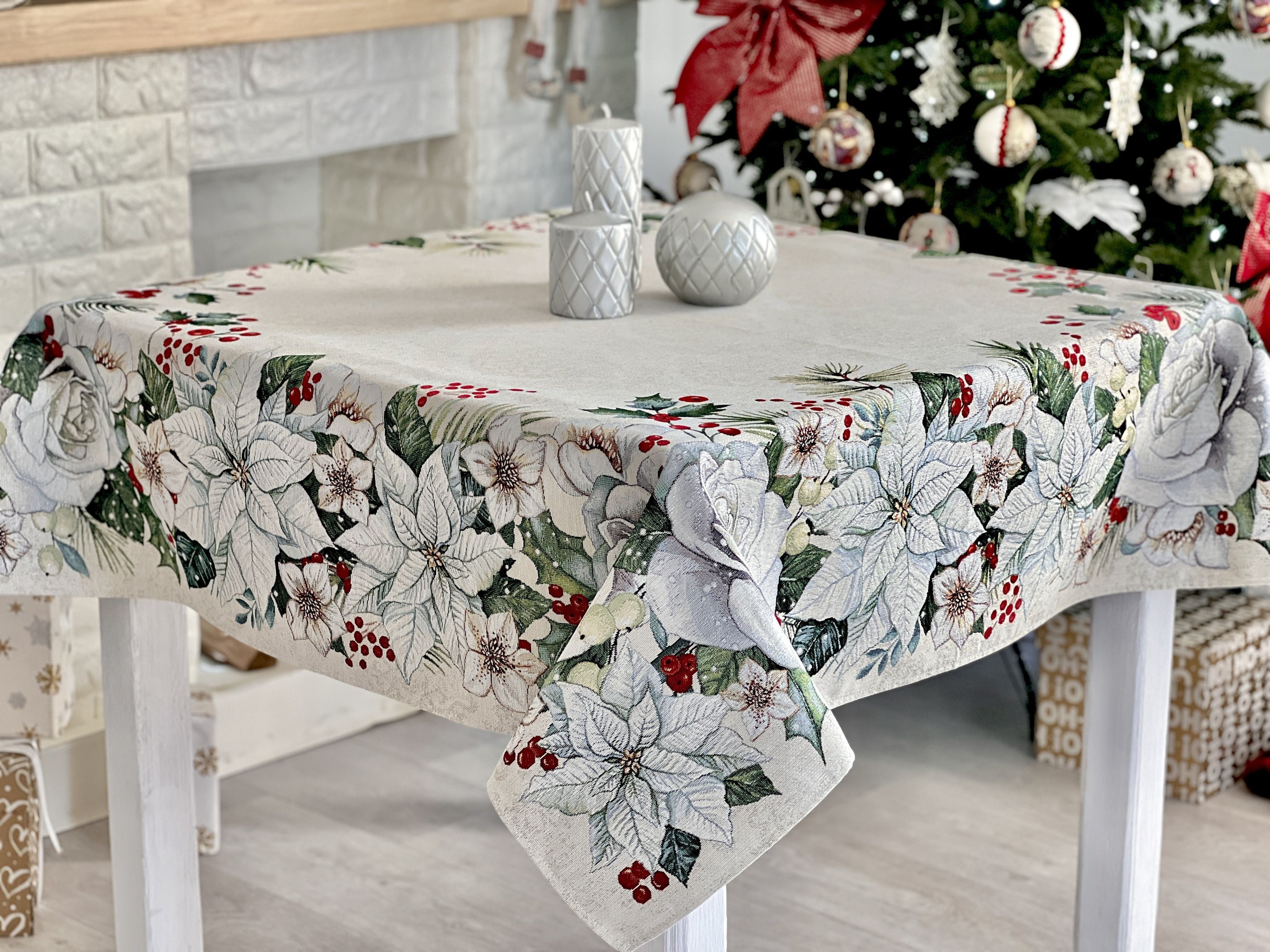 Christmas tapestry tablecloth «Christmas Flower» with silver thread Limaso Textile