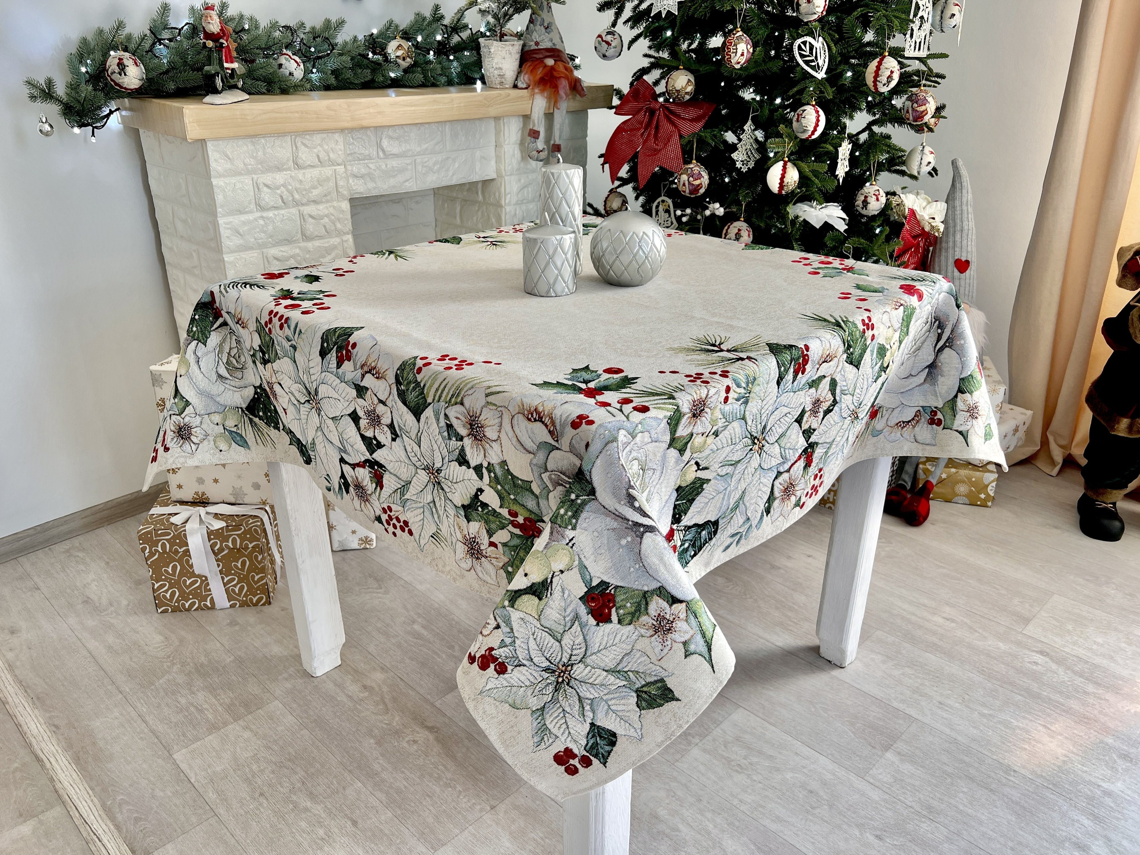 Christmas tapestry tablecloth «Christmas Flower» with silver thread Limaso Textile